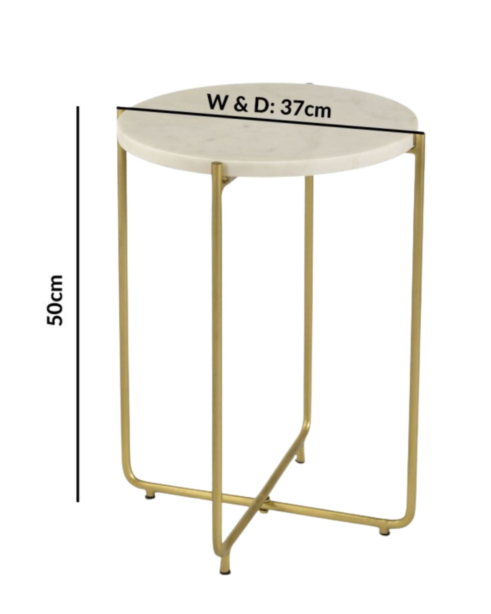 Marble side table featuring round white top with brass metal base, handcrafted furniture piece.