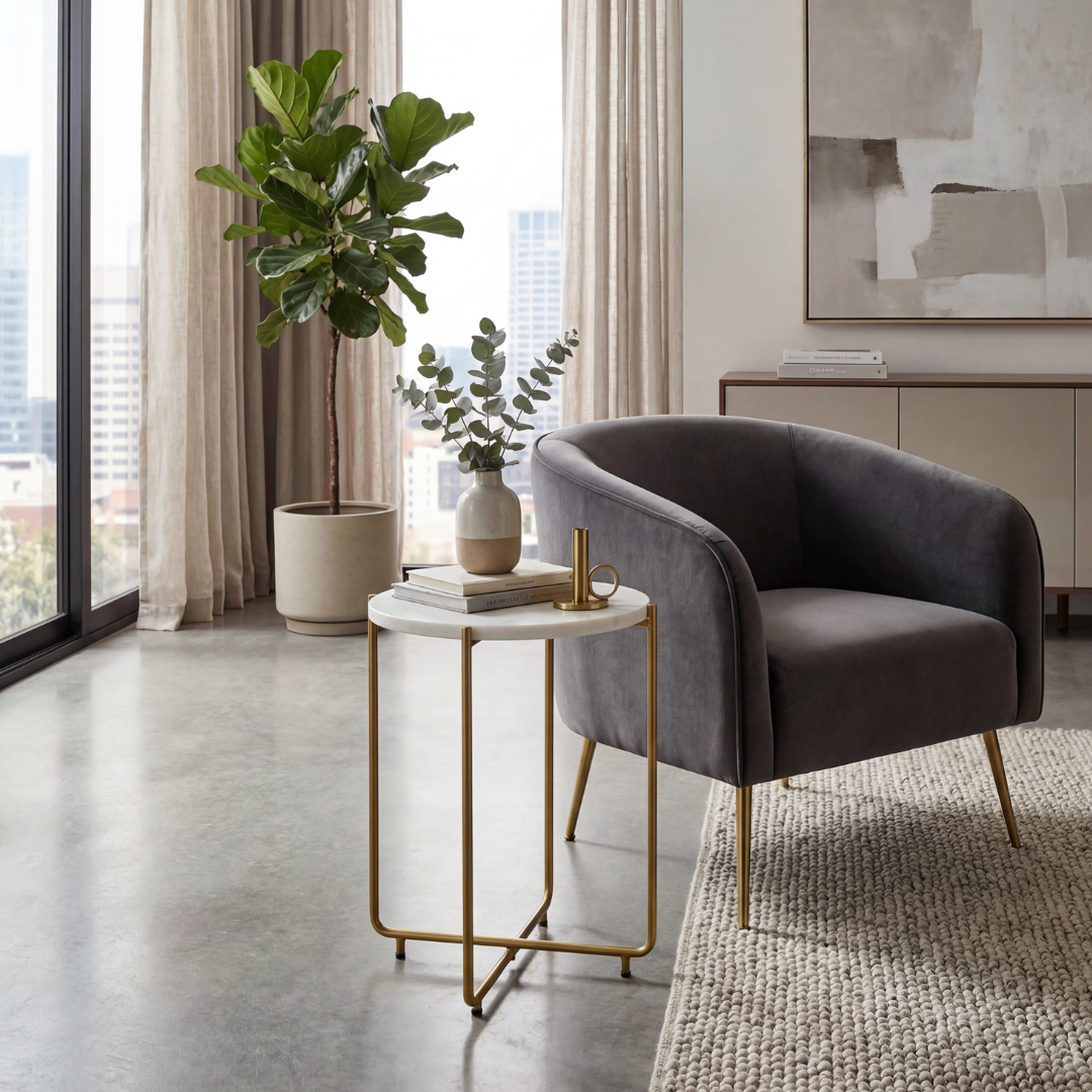 Marble side table featuring round white top with brass metal base, handcrafted furniture piece