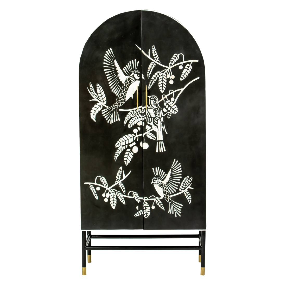 Handcrafted white bone inlay cabinet by Tabeer Homes, featuring bird and leaf motifs on mango wood with brass handles and global delivery.