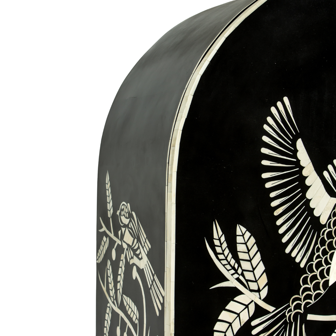 Handcrafted white bone inlay cabinet by Tabeer Homes, featuring bird and leaf motifs on mango wood with brass handles and global delivery.