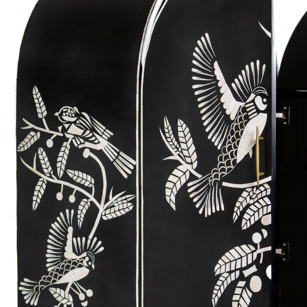 Handcrafted white bone inlay cabinet by Tabeer Homes, featuring bird and leaf motifs on mango wood with brass handles and global delivery.