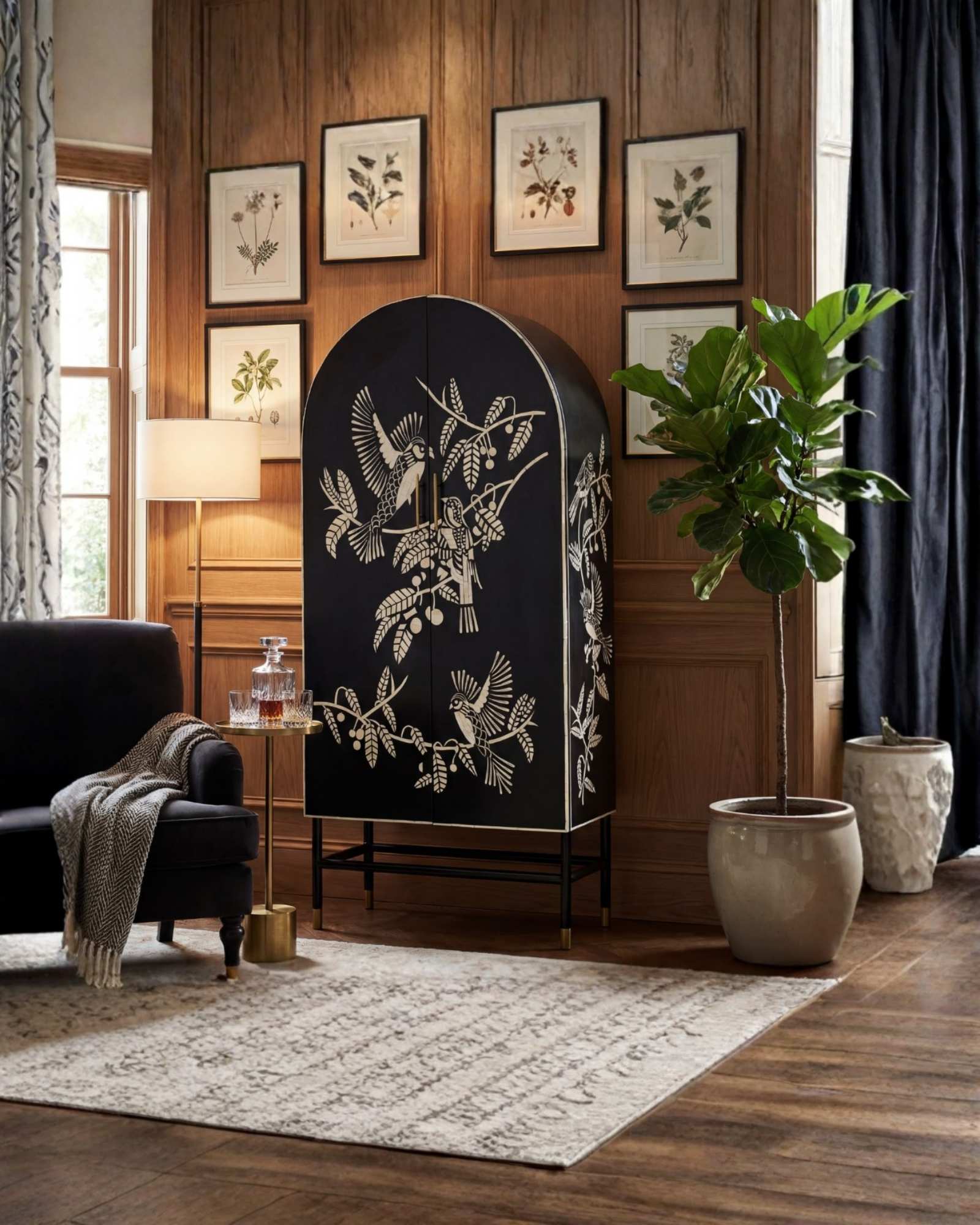 Handcrafted white bone inlay cabinet by Tabeer Homes, featuring bird and leaf motifs on mango wood with brass handles and global delivery.