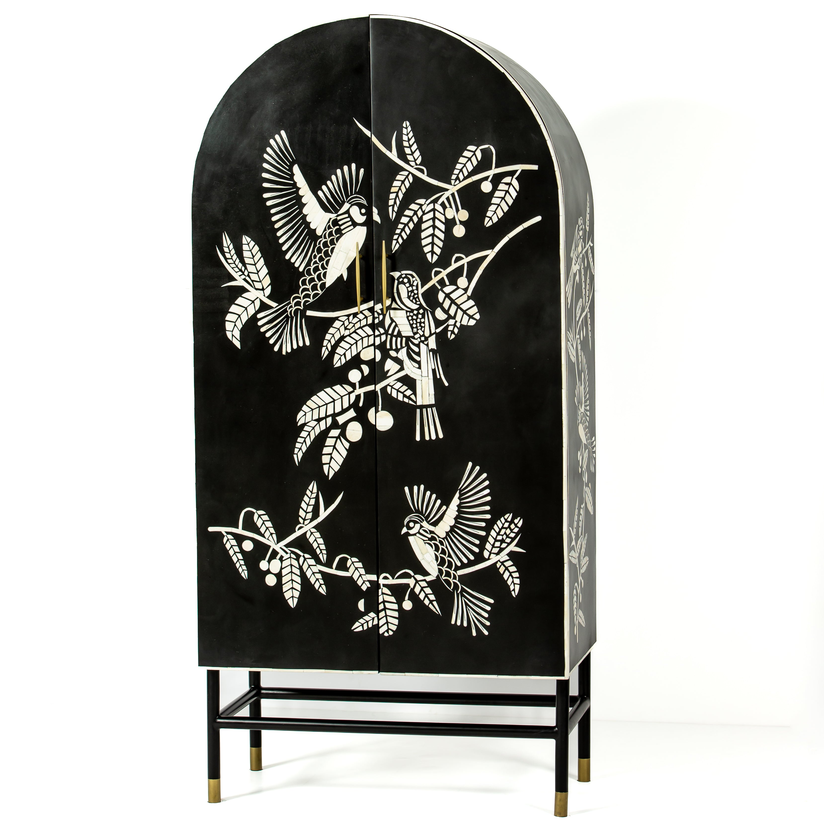 Handcrafted white bone inlay cabinet by Tabeer Homes, featuring bird and leaf motifs on mango wood with brass handles and global delivery.