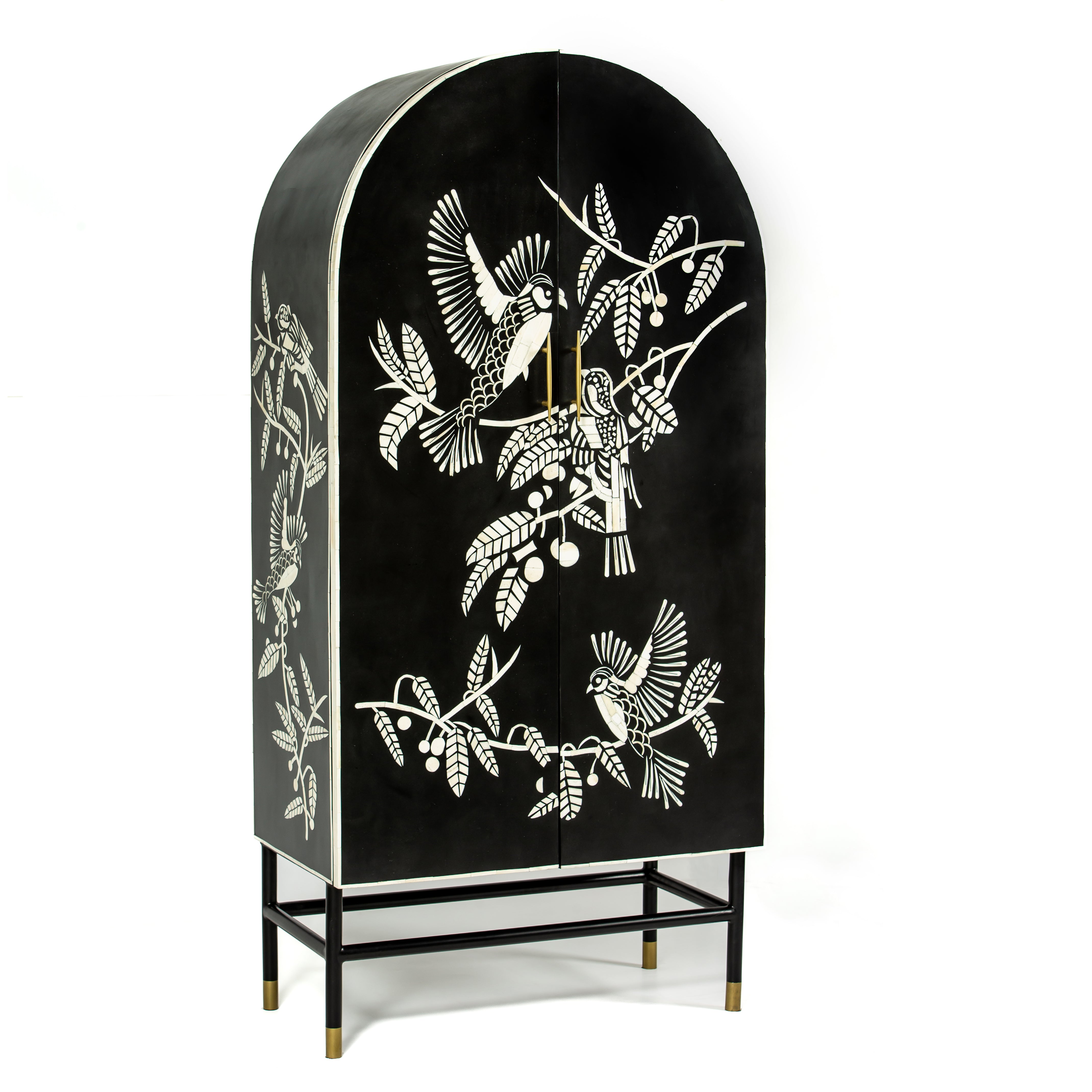 Handcrafted white bone inlay cabinet by Tabeer Homes, featuring bird and leaf motifs on mango wood with brass handles and global delivery.