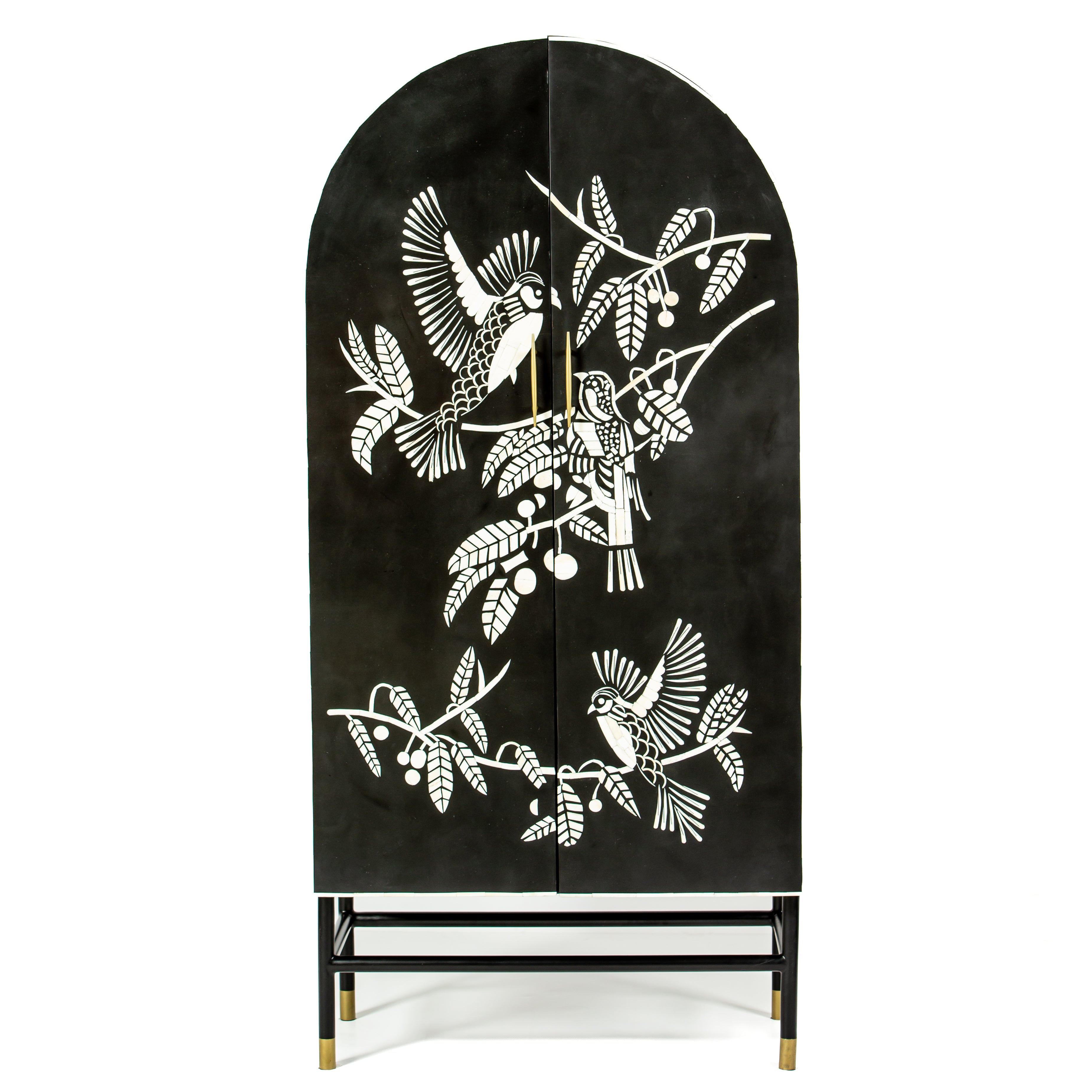 Handcrafted white bone inlay cabinet by Tabeer Homes, featuring bird and leaf motifs on mango wood with brass handles and global delivery.