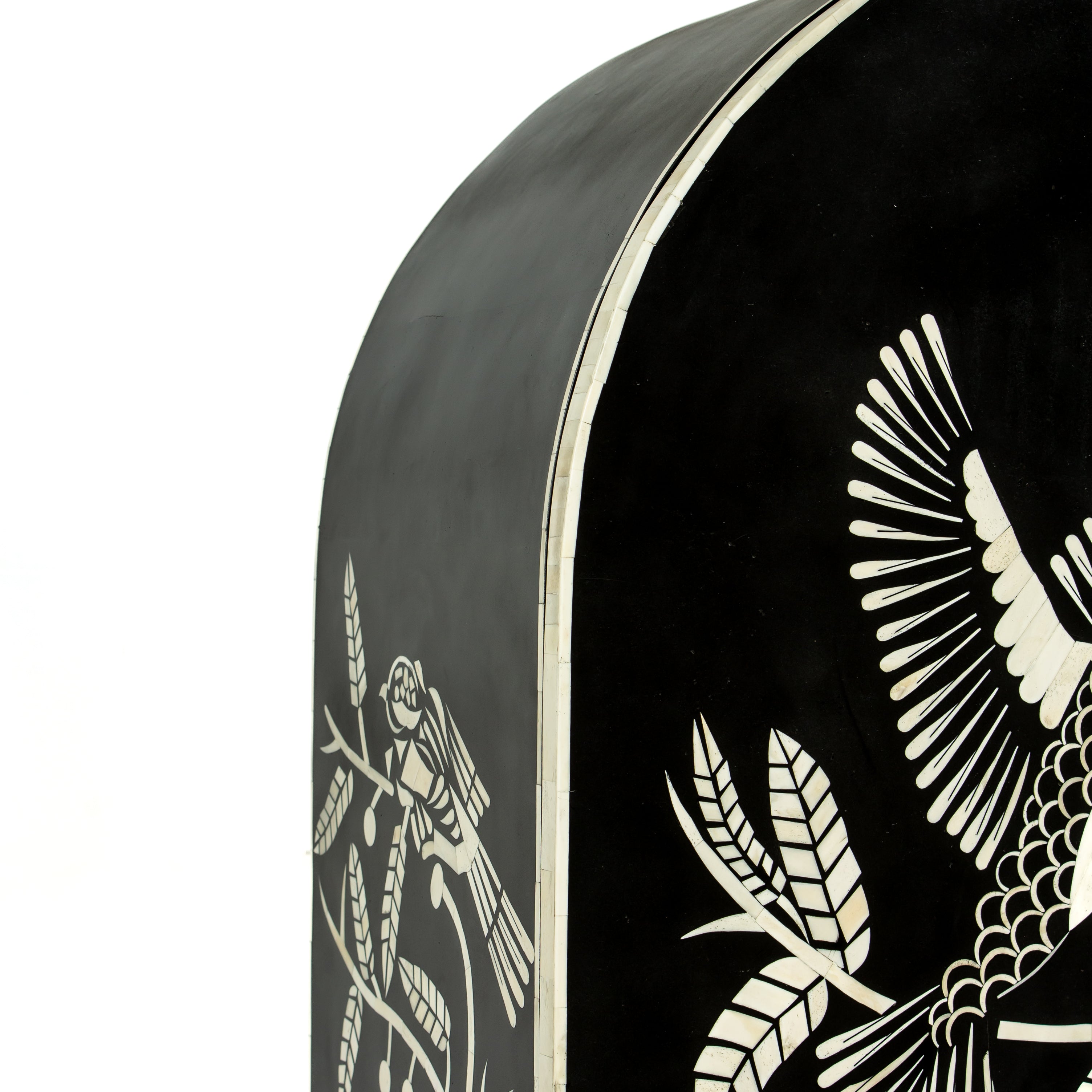 Handcrafted white bone inlay cabinet by Tabeer Homes, featuring bird and leaf motifs on mango wood with brass handles and global delivery.