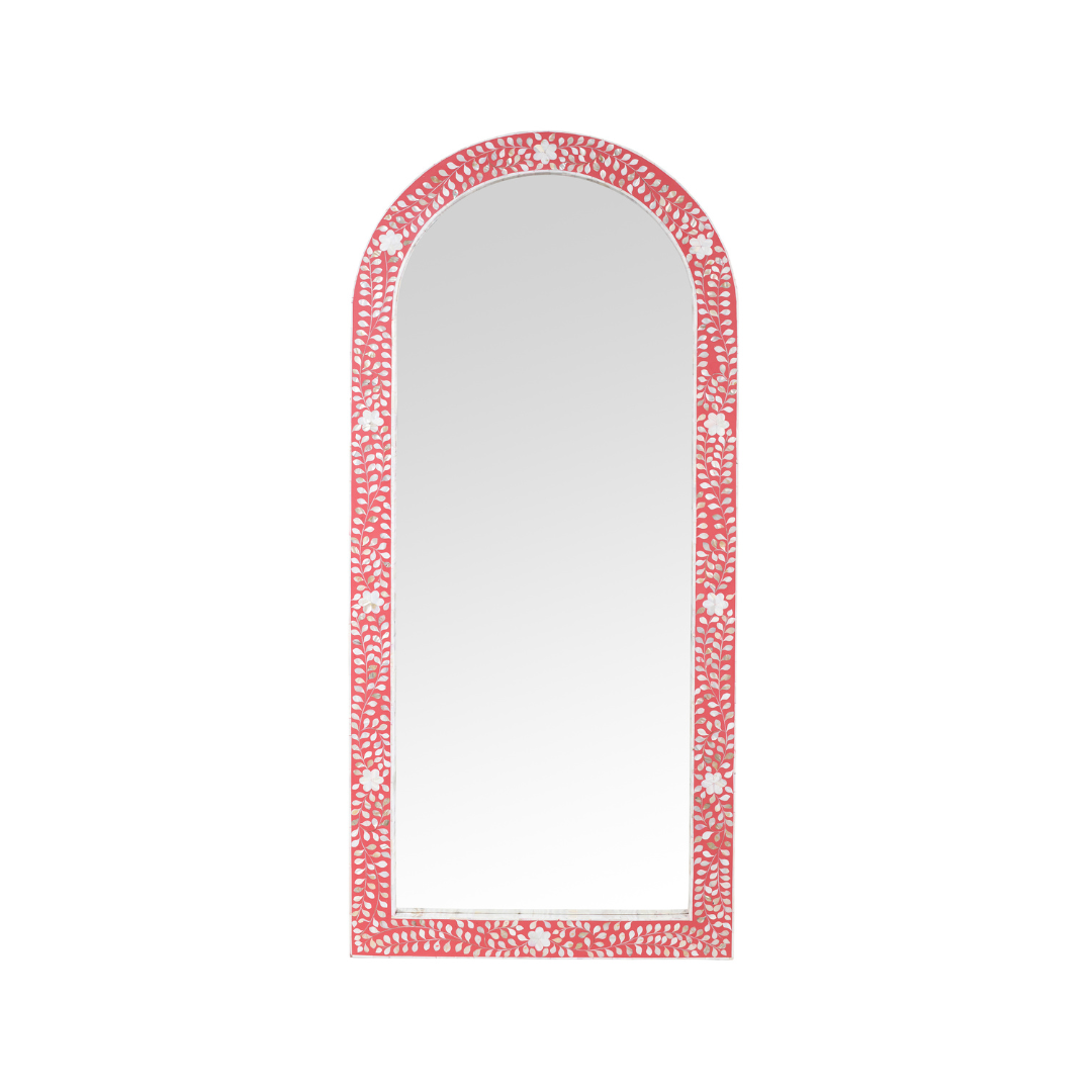 Handcrafted arched mirror with pink mother of pearl inlay