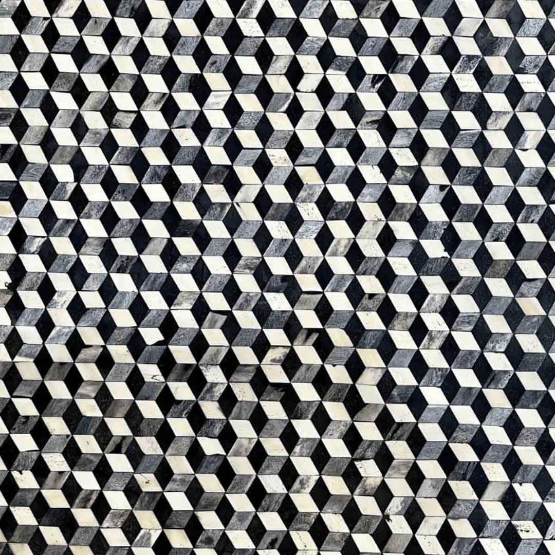 Rectangular black bone inlay coffee table with a geometric pattern and a sleek metallic frame for a modern and sophisticated look.