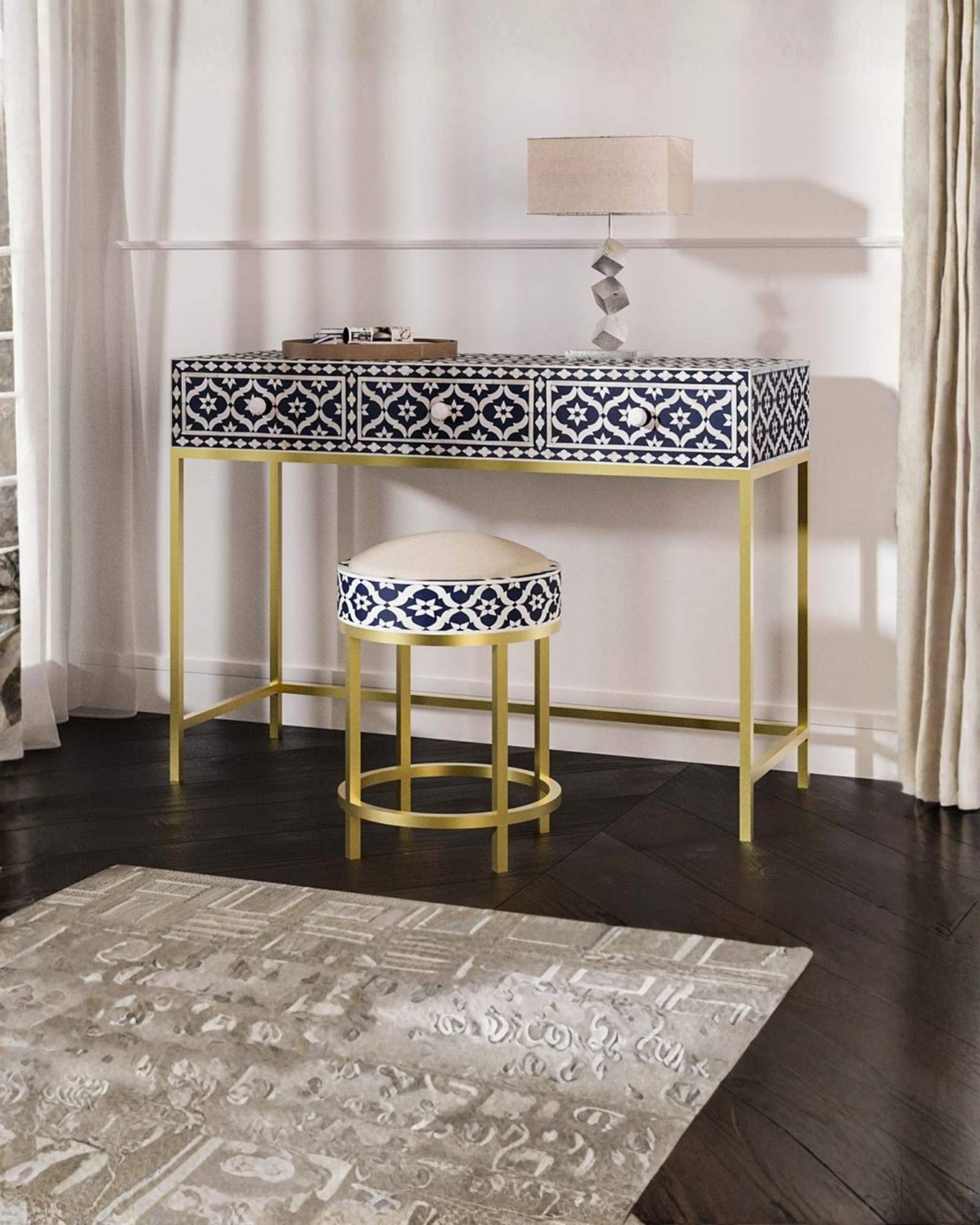 Inayat Dresser Console & Stool - Navy Blue Bone Inlay