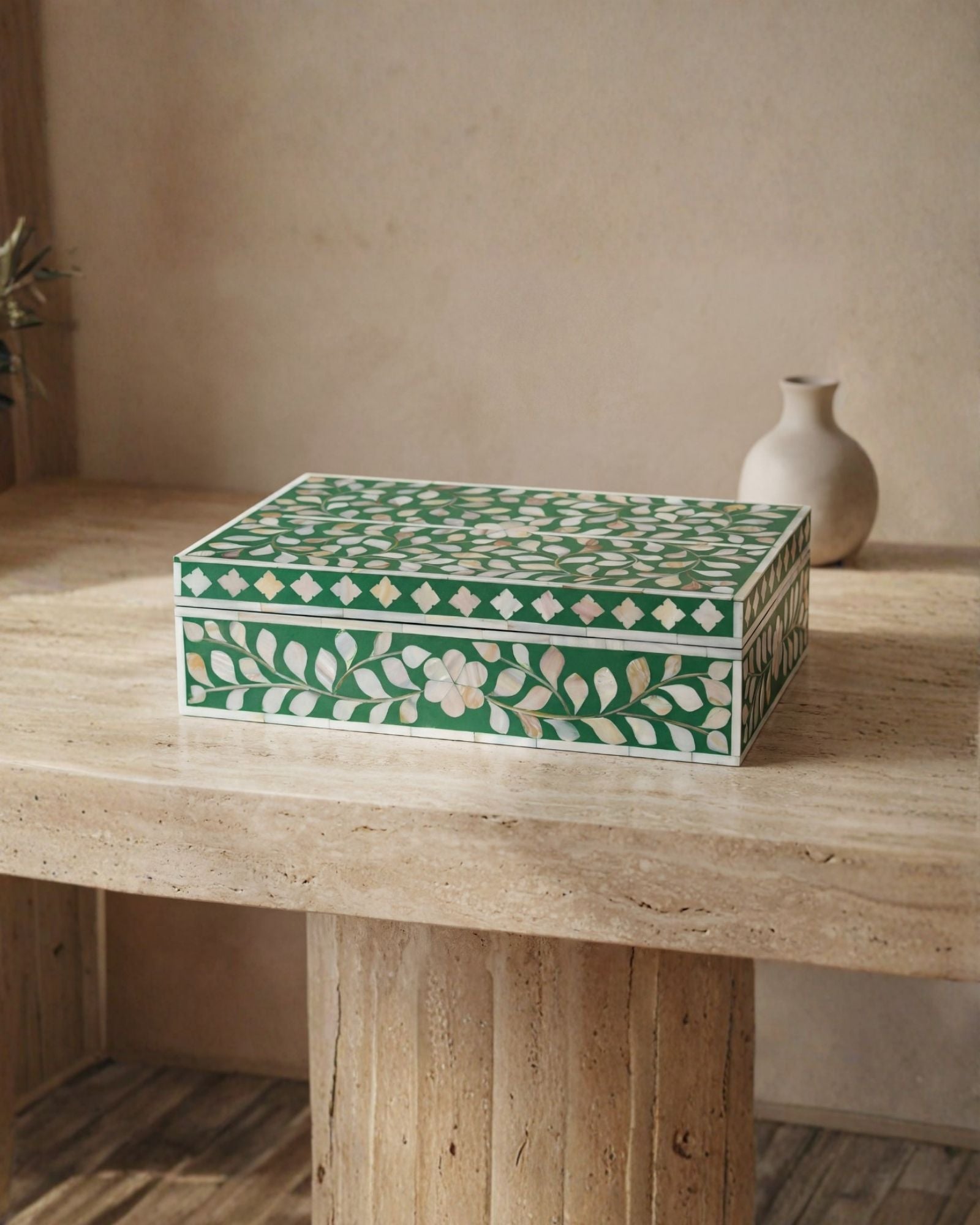 Green mother of pearl inlay decorative box with floral pattern, handcrafted storage box in wood.