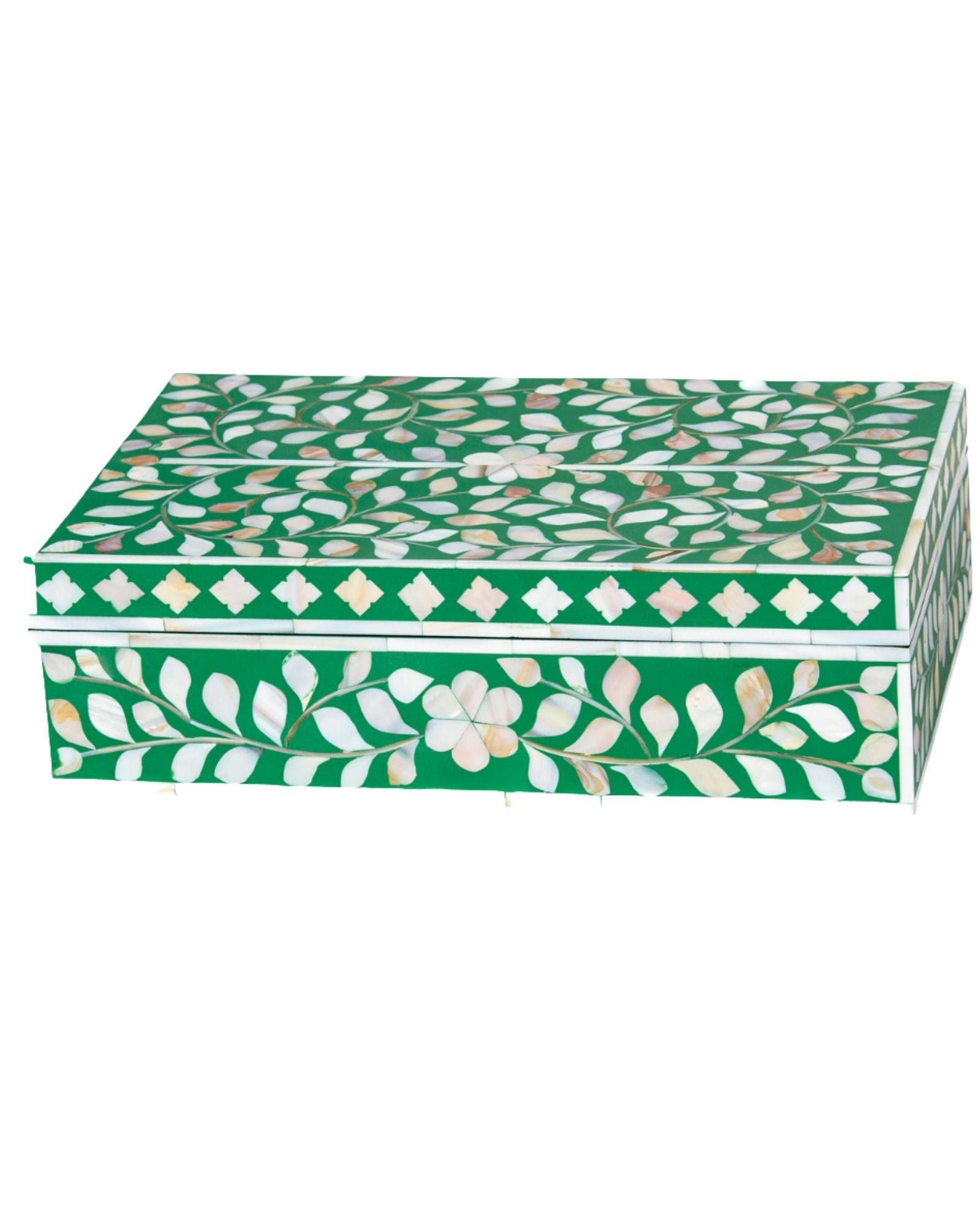 Green mother of pearl inlay decorative box with floral pattern, handcrafted storage box in wood.