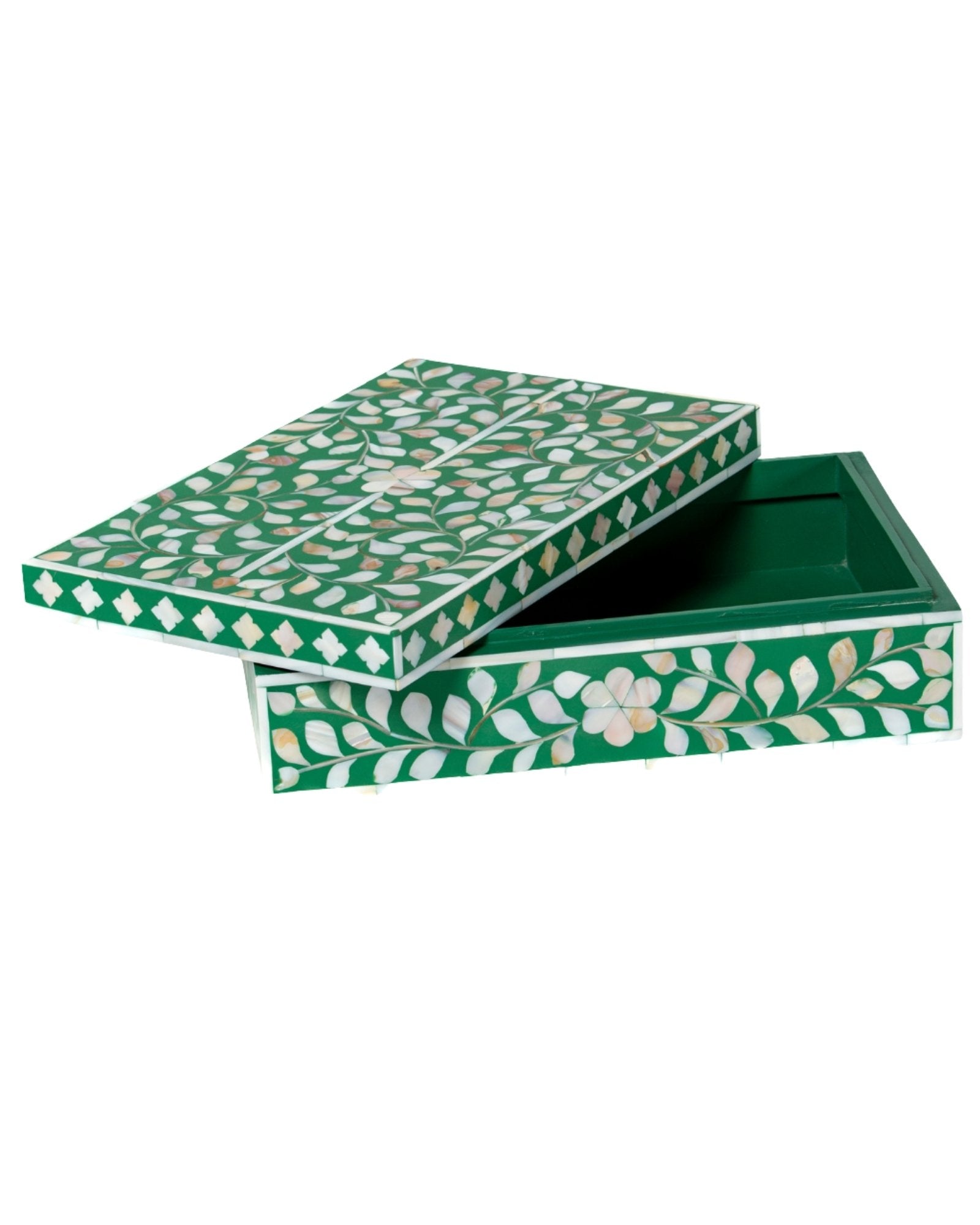 Green mother of pearl inlay decorative box with floral pattern, handcrafted storage box in wood.