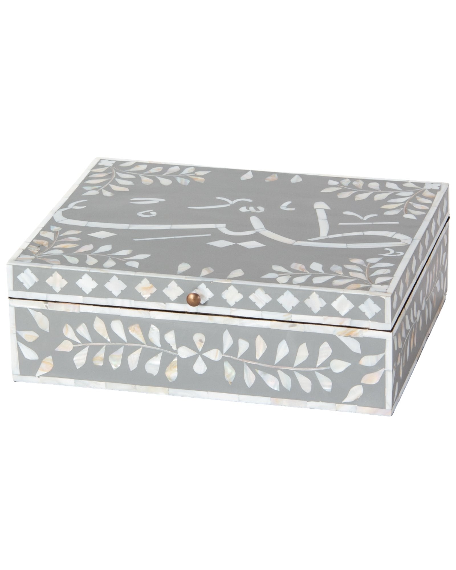 Mother of pearl inlay box featuring intricate floral pattern in grey and white, handcrafted decor piece.