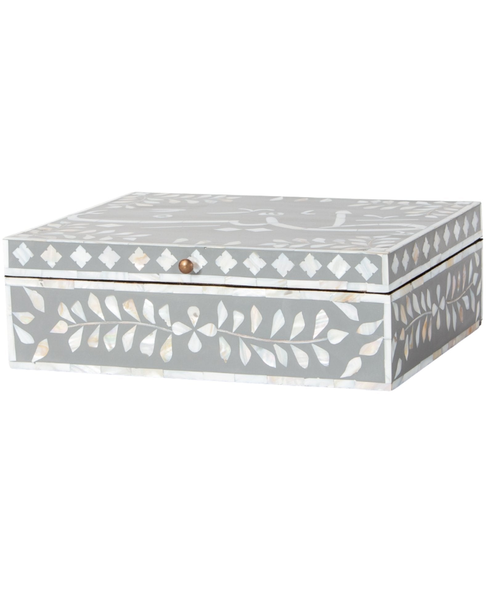 Mother of pearl inlay box featuring intricate floral pattern in grey and white, handcrafted decor piece.