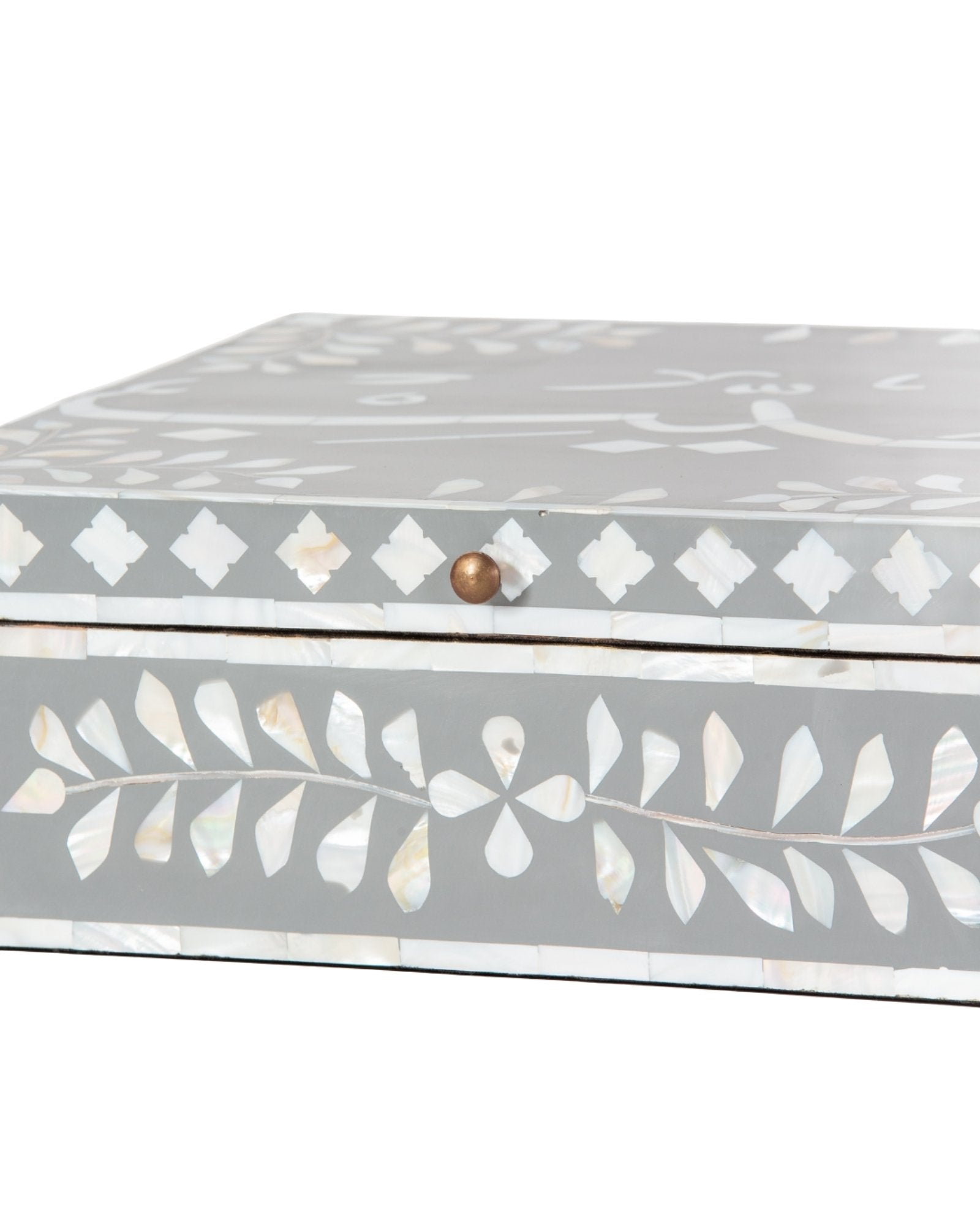 Mother of pearl inlay box featuring intricate floral pattern in grey and white, handcrafted decor piece.