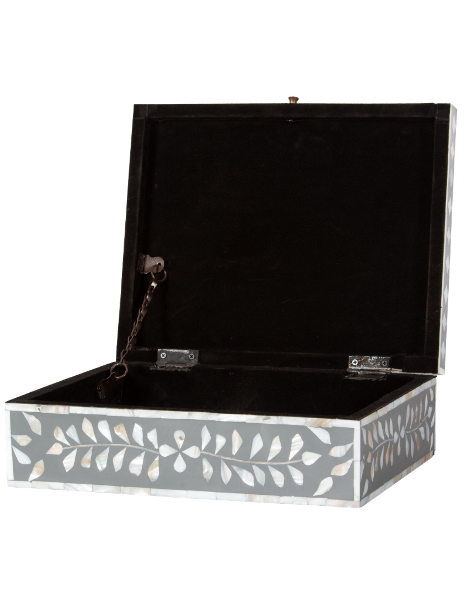 Mother of pearl inlay box featuring intricate floral pattern in grey and white, handcrafted decor piece.