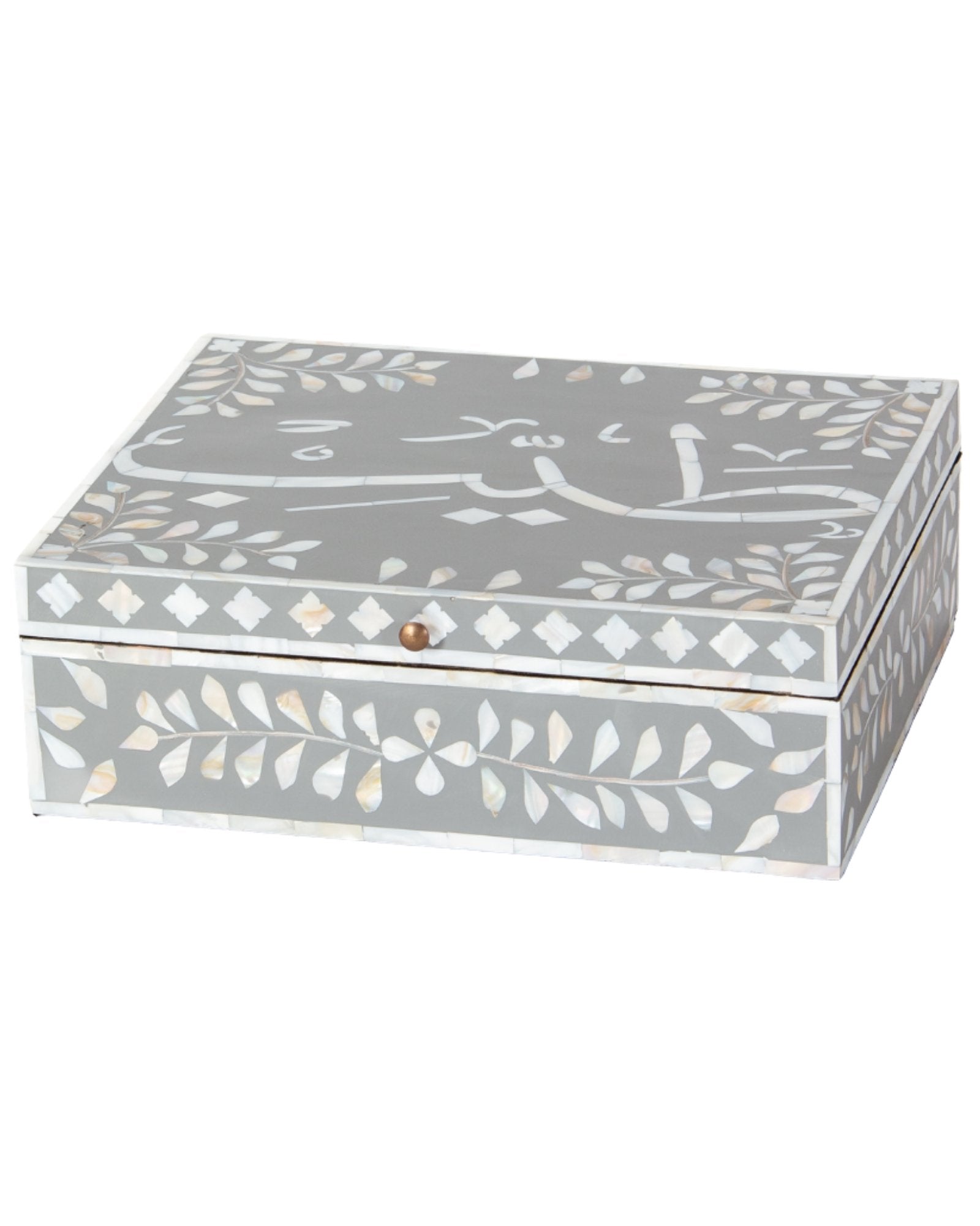 Mother of pearl inlay box featuring intricate floral pattern in grey and white, handcrafted decor piece.