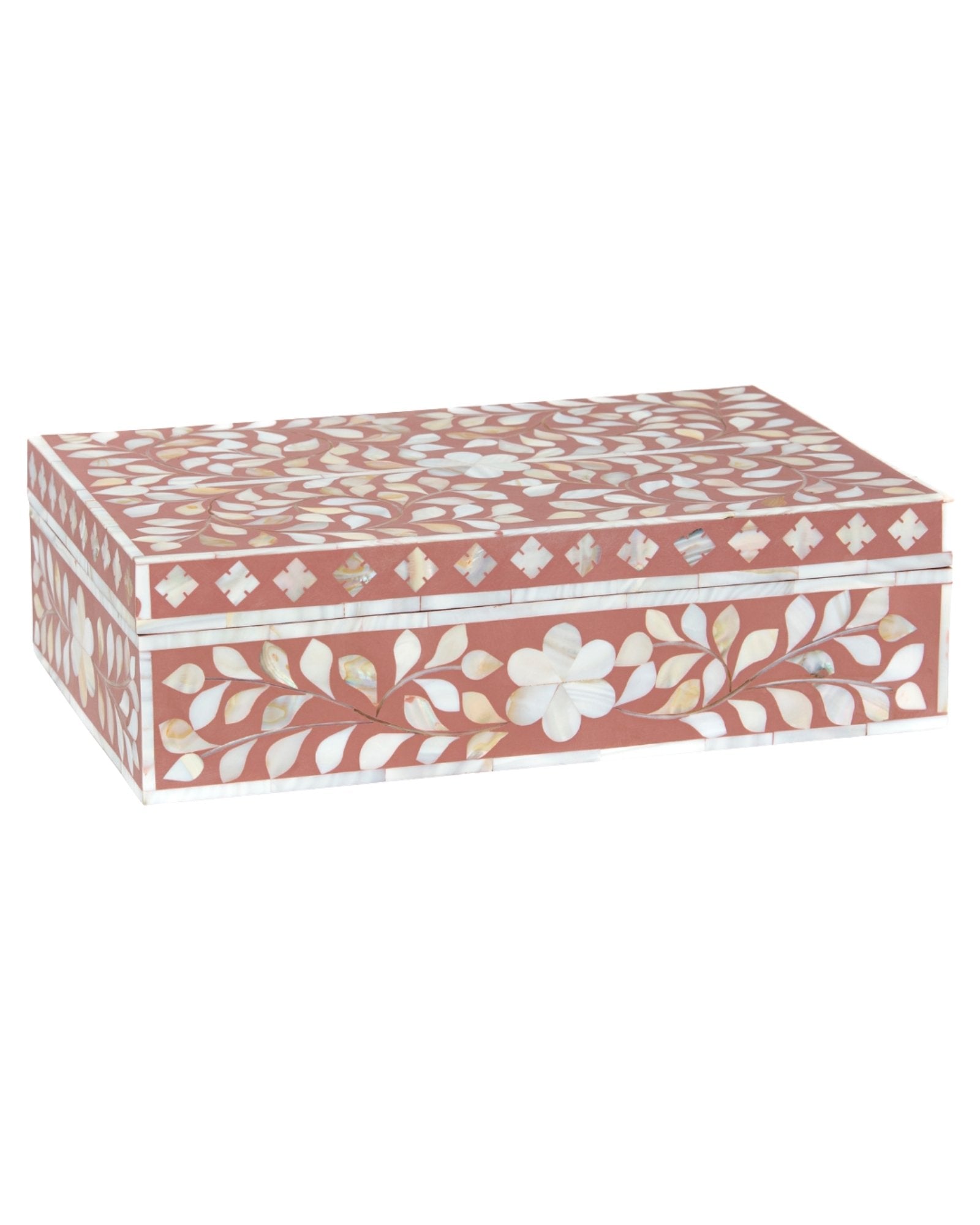 Pink mother of pearl inlay decorative box with floral pattern, handcrafted storage box in wood.
