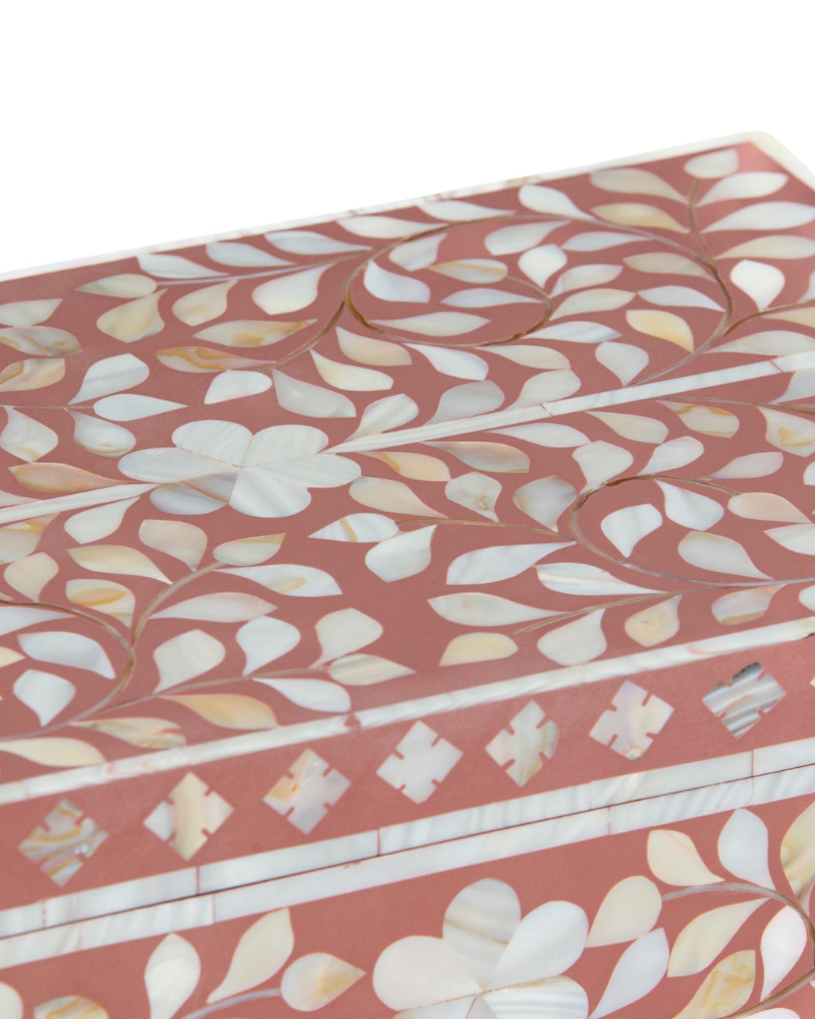 Pink mother of pearl inlay decorative box with floral pattern, handcrafted storage box in wood.