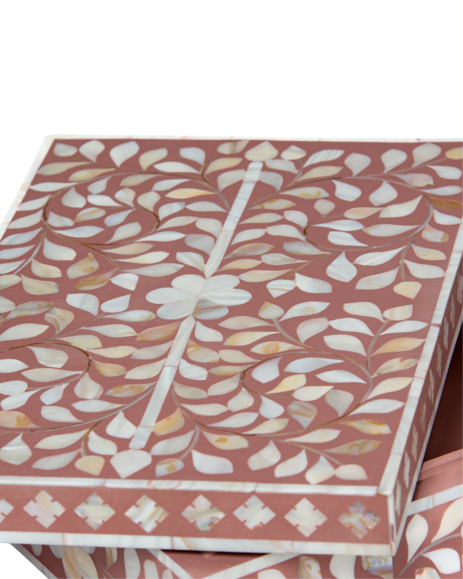 Pink mother of pearl inlay decorative box with floral pattern, handcrafted storage box in wood.