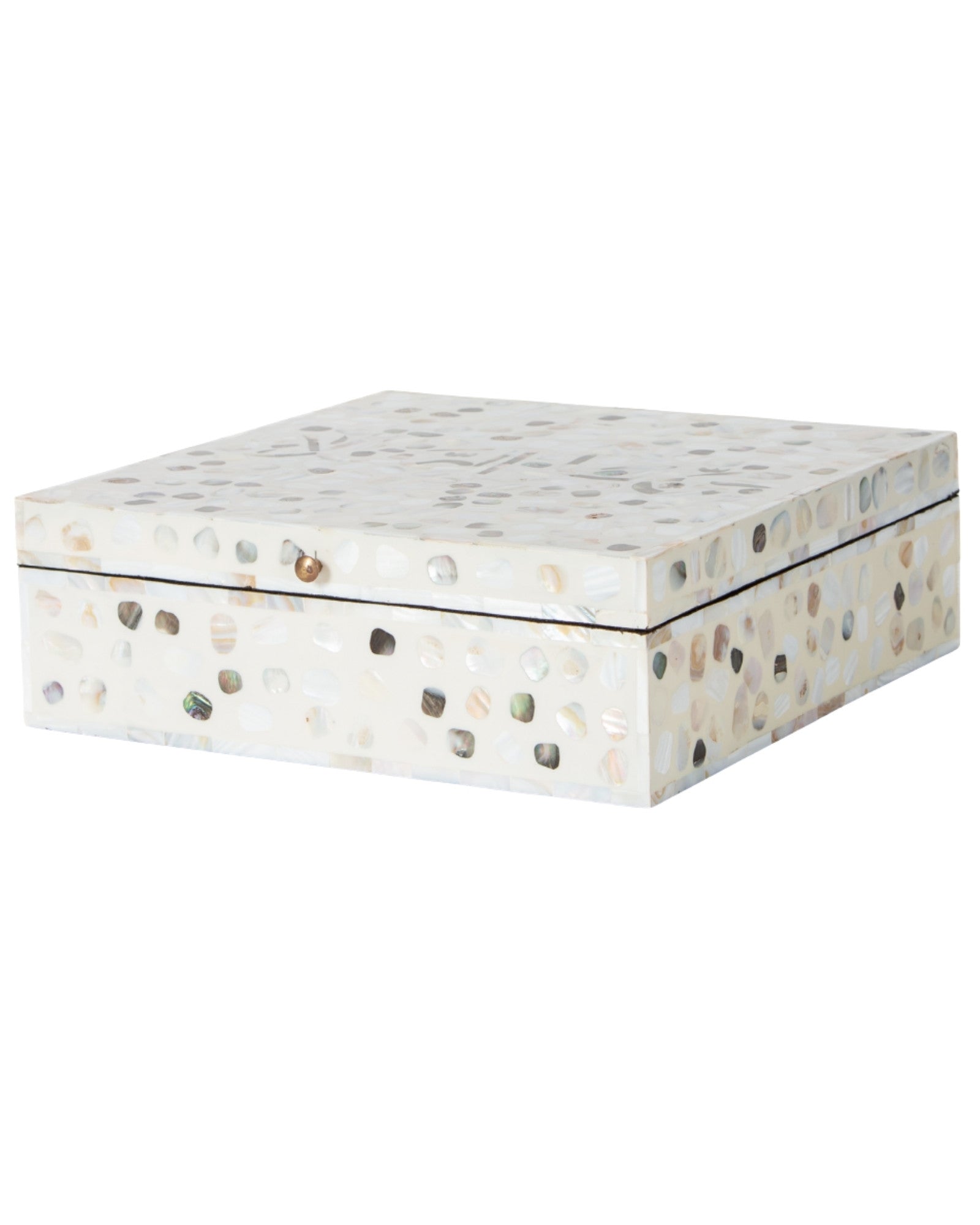 Mother of pearl inlay box featuring textured mosaic pattern in white and multitone, handcrafted decor piece.