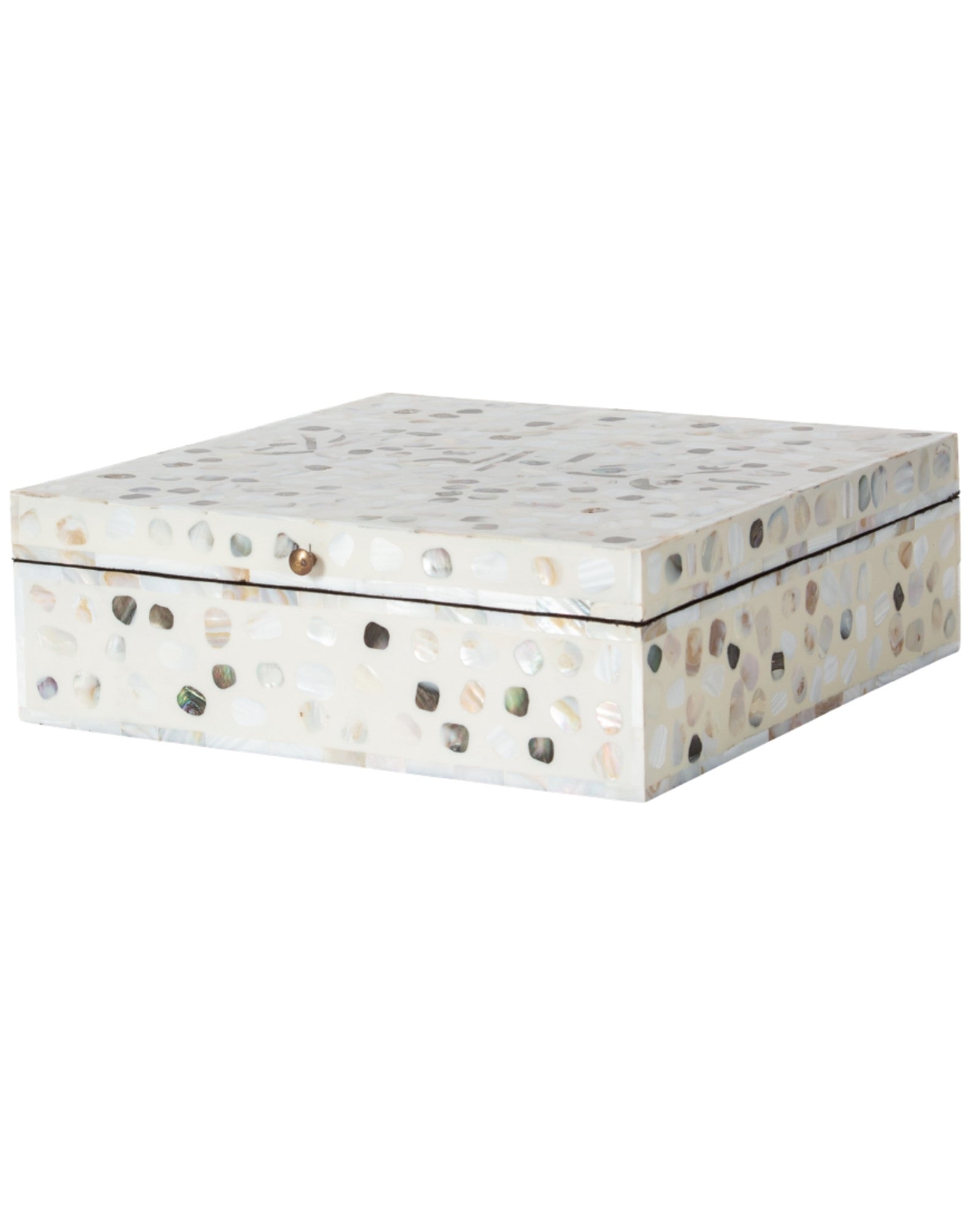 Mother of pearl inlay box featuring textured mosaic pattern in white and multitone, handcrafted decor piece.