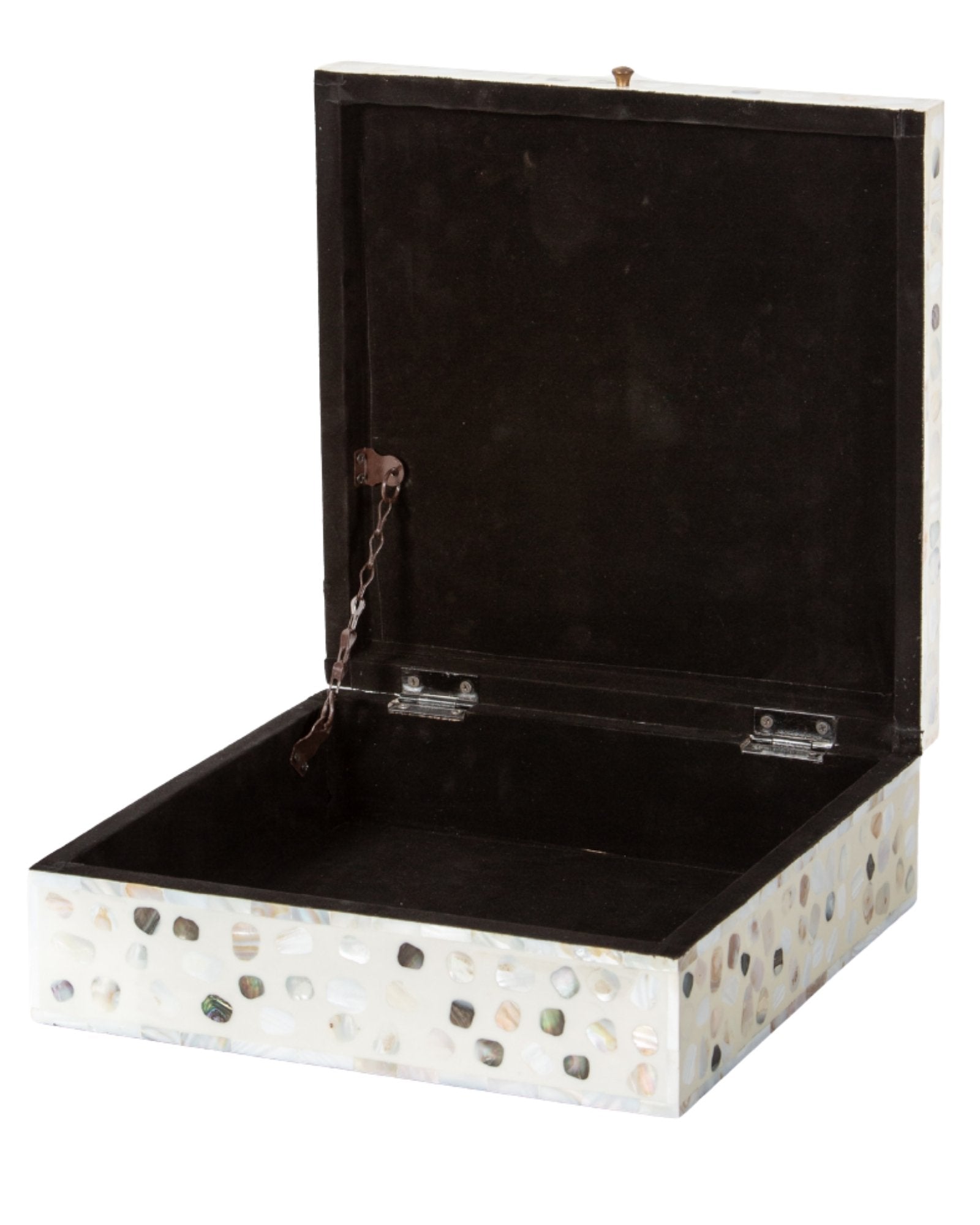 Mother of pearl inlay box featuring textured mosaic pattern in white and multitone, handcrafted decor piece.