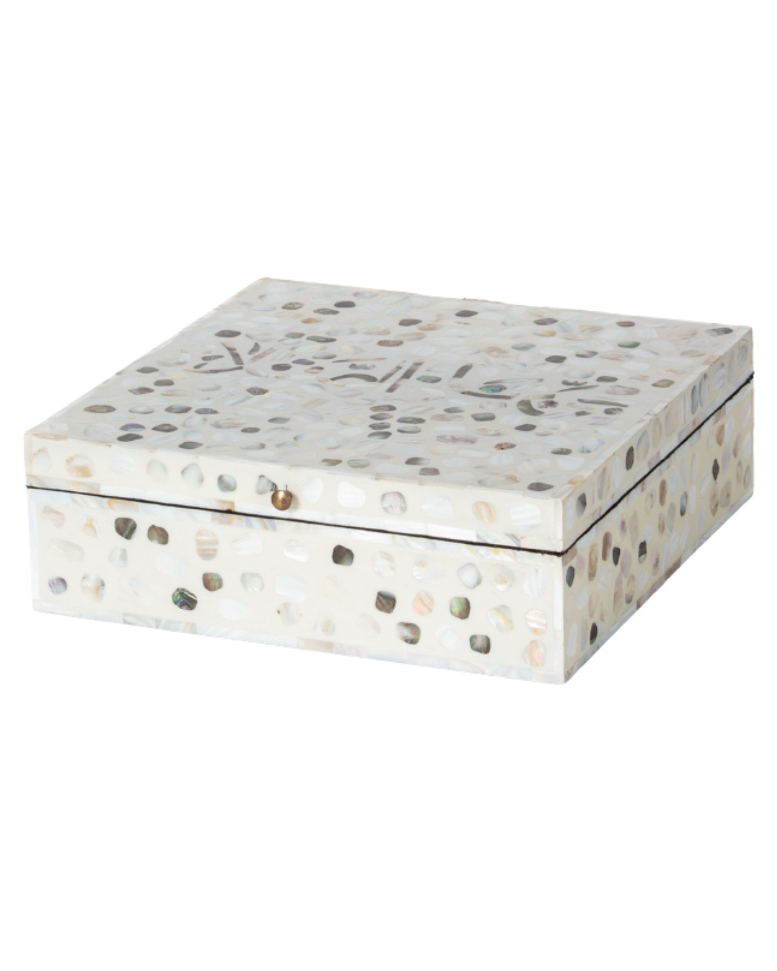 Mother of pearl inlay box featuring textured mosaic pattern in white and multitone, handcrafted decor piece.