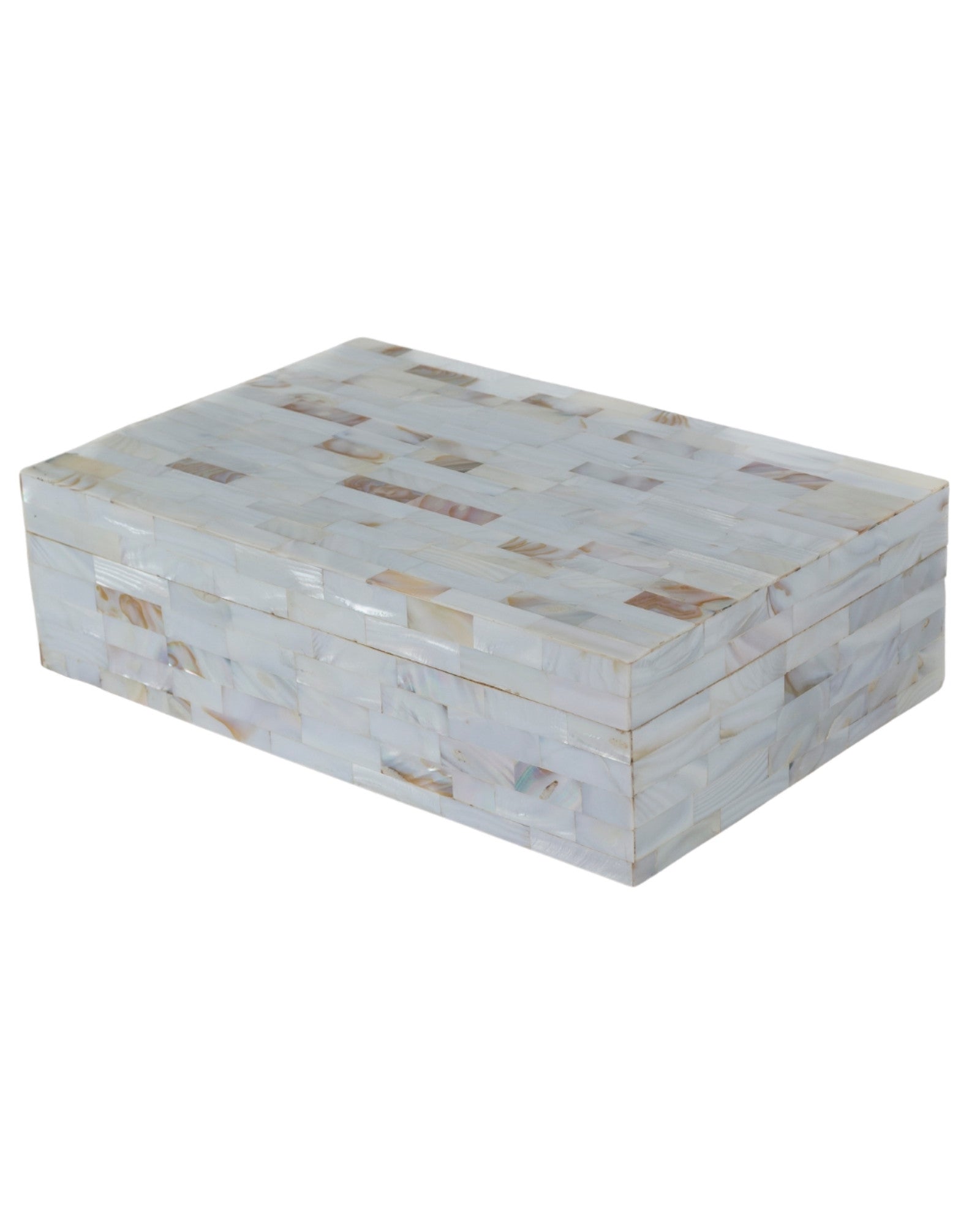 White mother of pearl inlay decorative box with mosaic pattern, handcrafted storage box in wood.