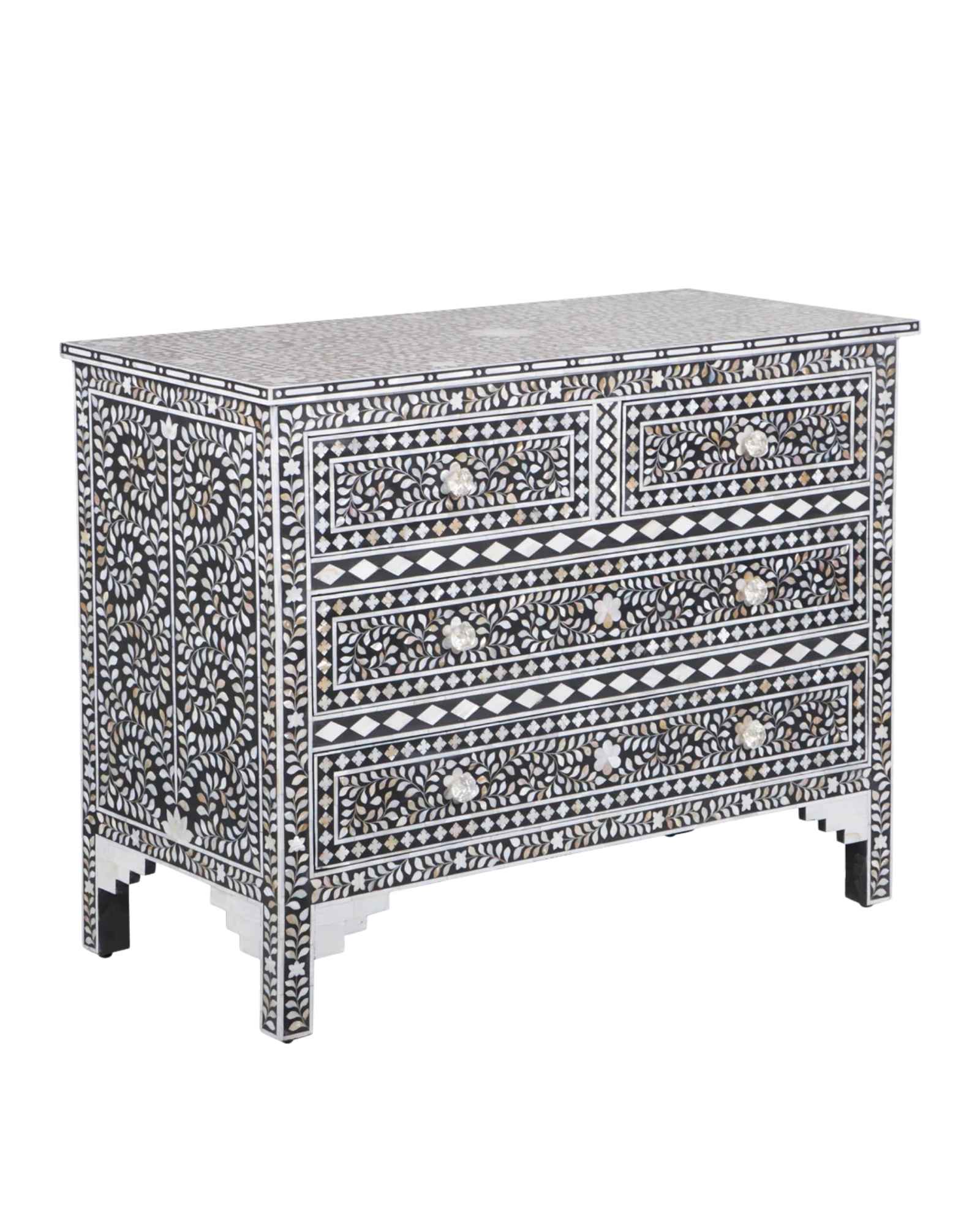 A handcrafted black mother of pearl inlay chest of drawers, featuring intricate floral patterns and geometric designs, with crystal knobs and smooth drawer slides.