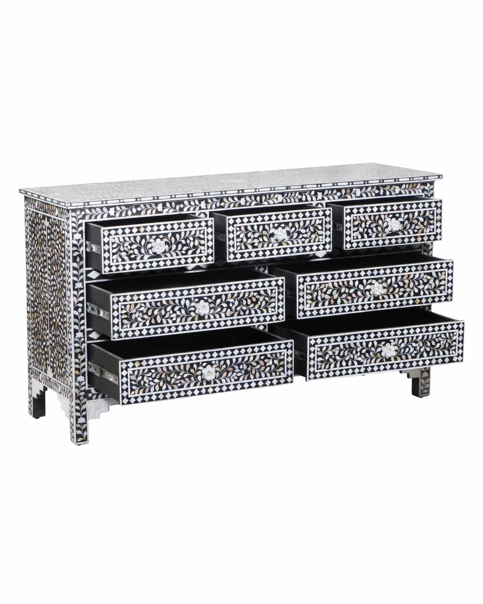 Elegant Iris Chest of Drawers in black Mother of Pearl inlay, featuring intricate floral patterns and spacious storage.