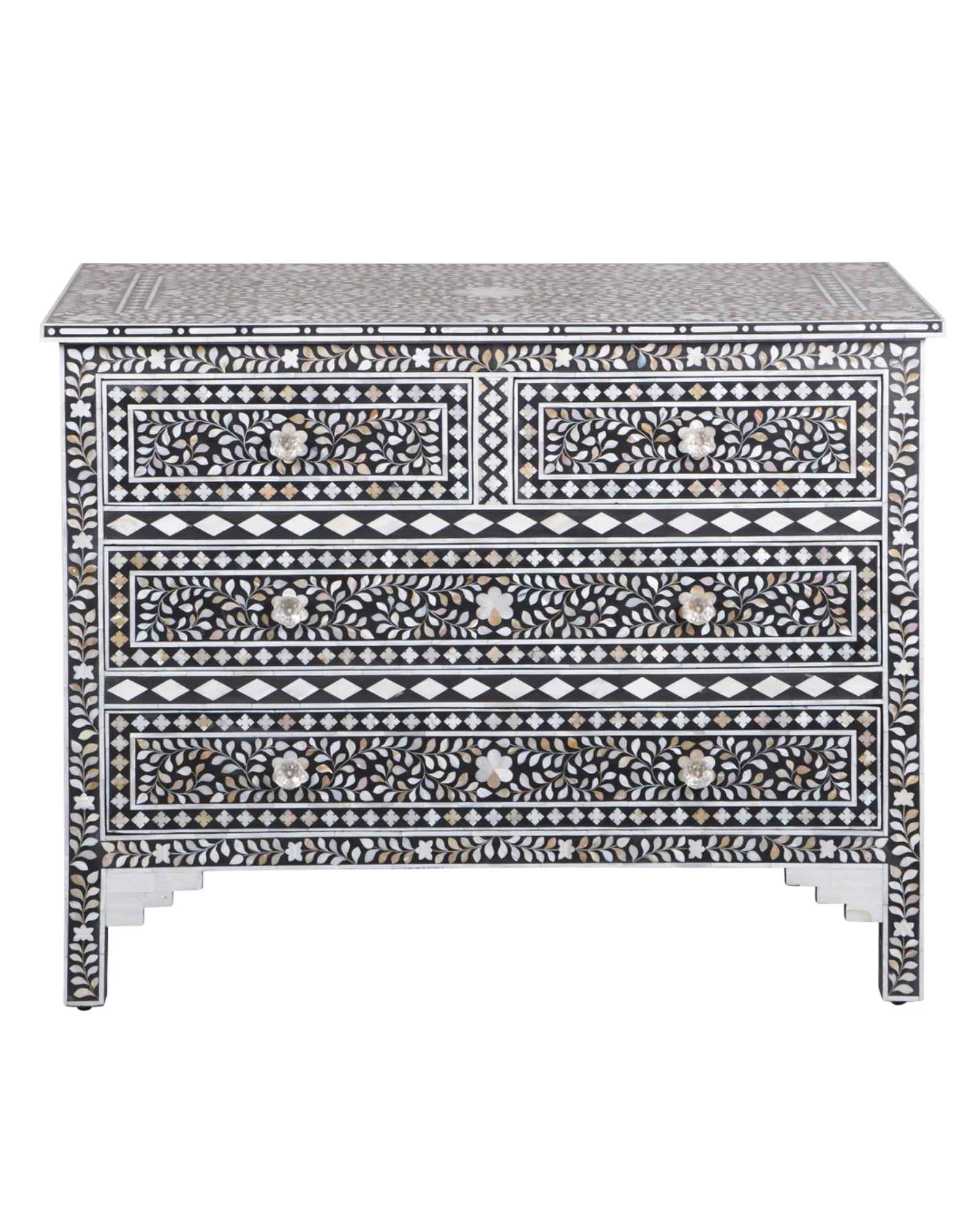A handcrafted black mother of pearl inlay chest of drawers, featuring intricate floral patterns and geometric designs, with crystal knobs and smooth drawer slides.