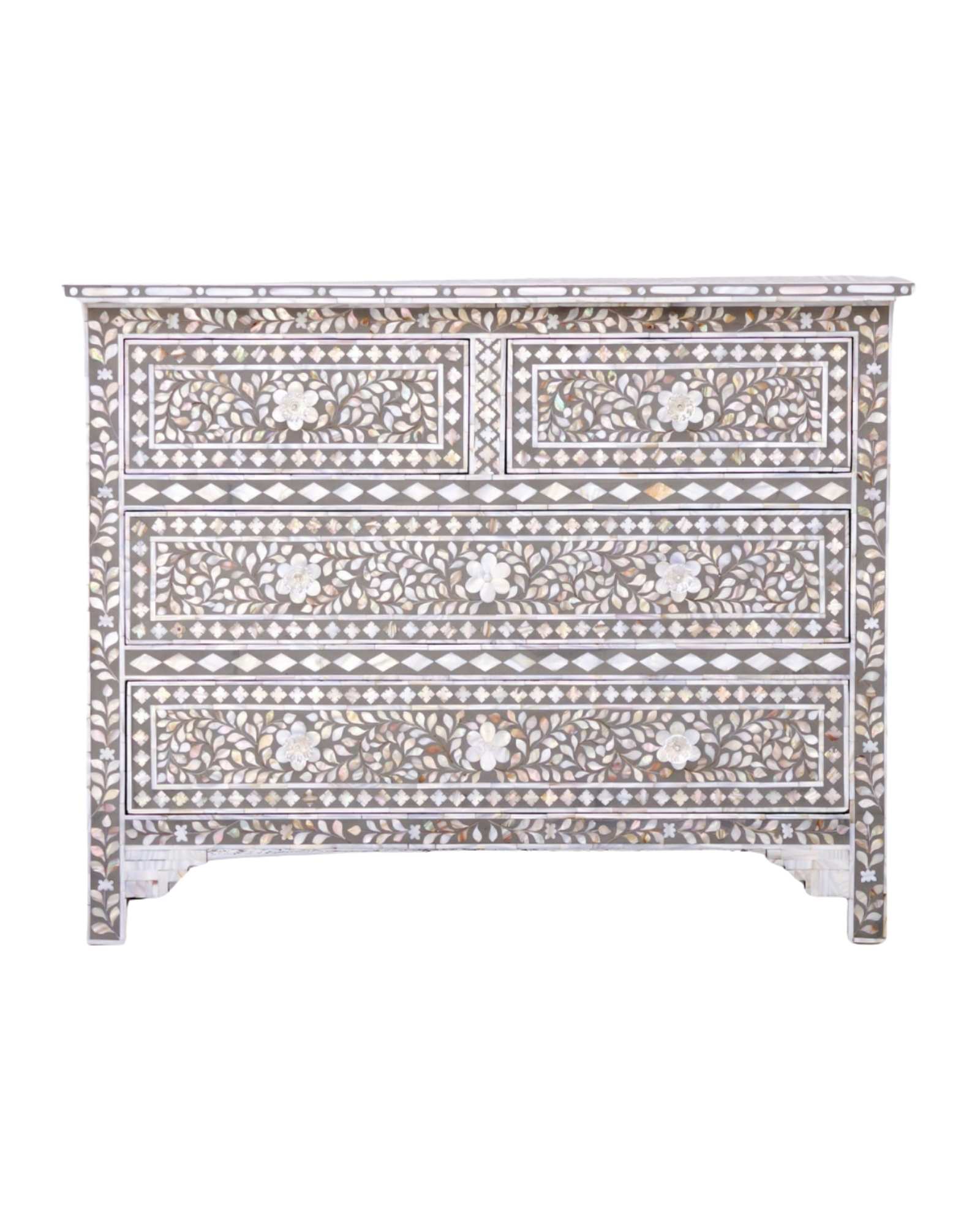 Exquisite handcrafted gray mother of pearl inlay chest of drawers with floral patterns and intricate detailing.