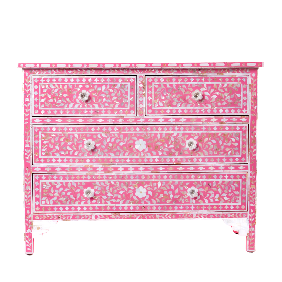 Beautifully handcrafted, pink mother of pearl chest of drawers featuring 4 drawers and crystal knobs for a soft & mesmerising interior space by Tabeer Homes.