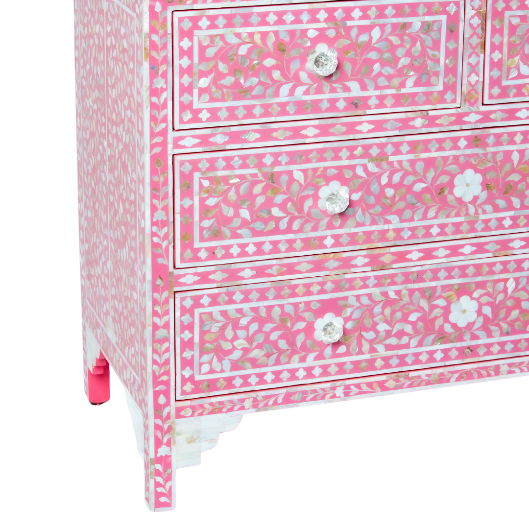 Beautifully handcrafted, pink mother of pearl chest of drawers featuring 4 drawers and crystal knobs for a soft & mesmerising interior space by Tabeer Homes.