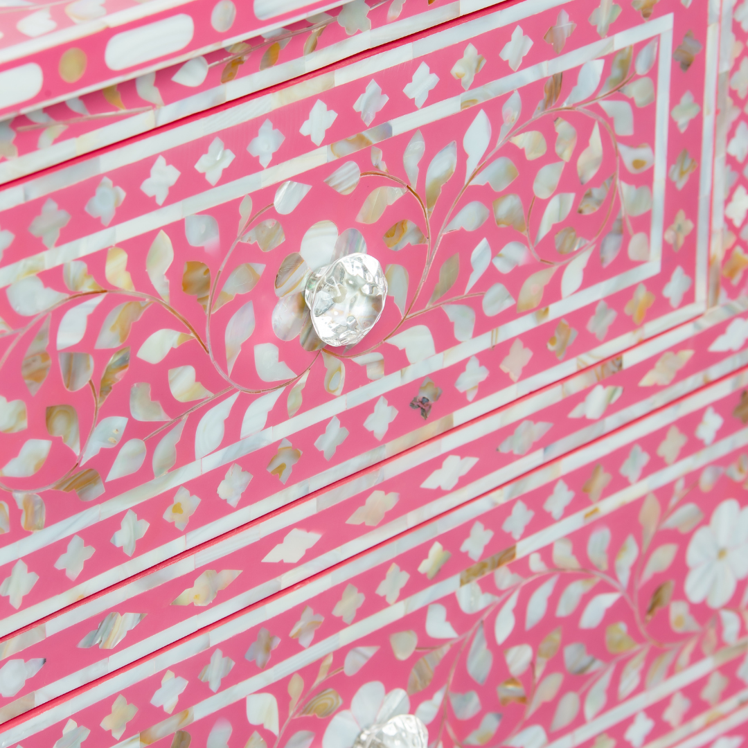 Beautifully handcrafted, pink mother of pearl chest of drawers featuring 4 drawers and crystal knobs for a soft & mesmerising interior space by Tabeer Homes.