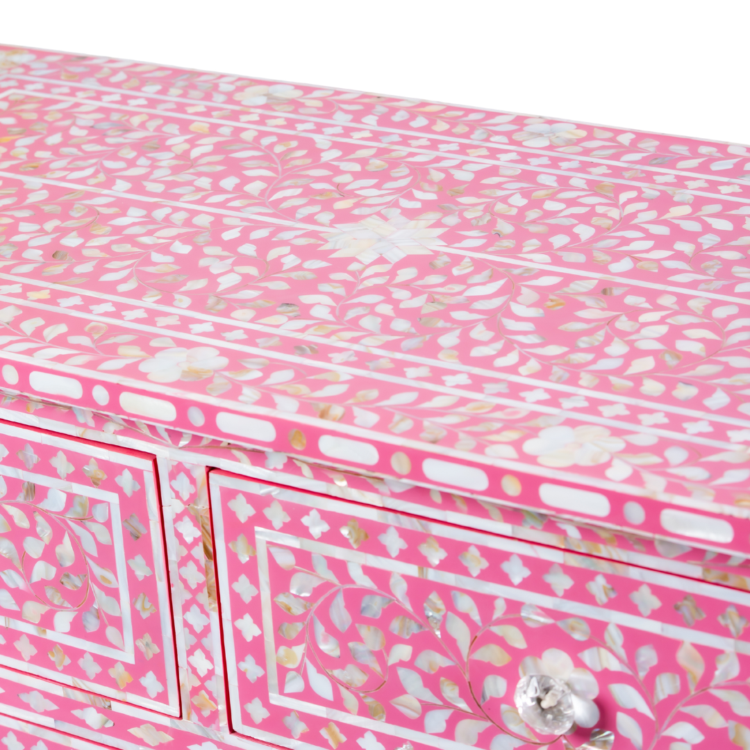 Beautifully handcrafted, pink mother of pearl chest of drawers featuring 4 drawers and crystal knobs for a soft & mesmerising interior space by Tabeer Homes.