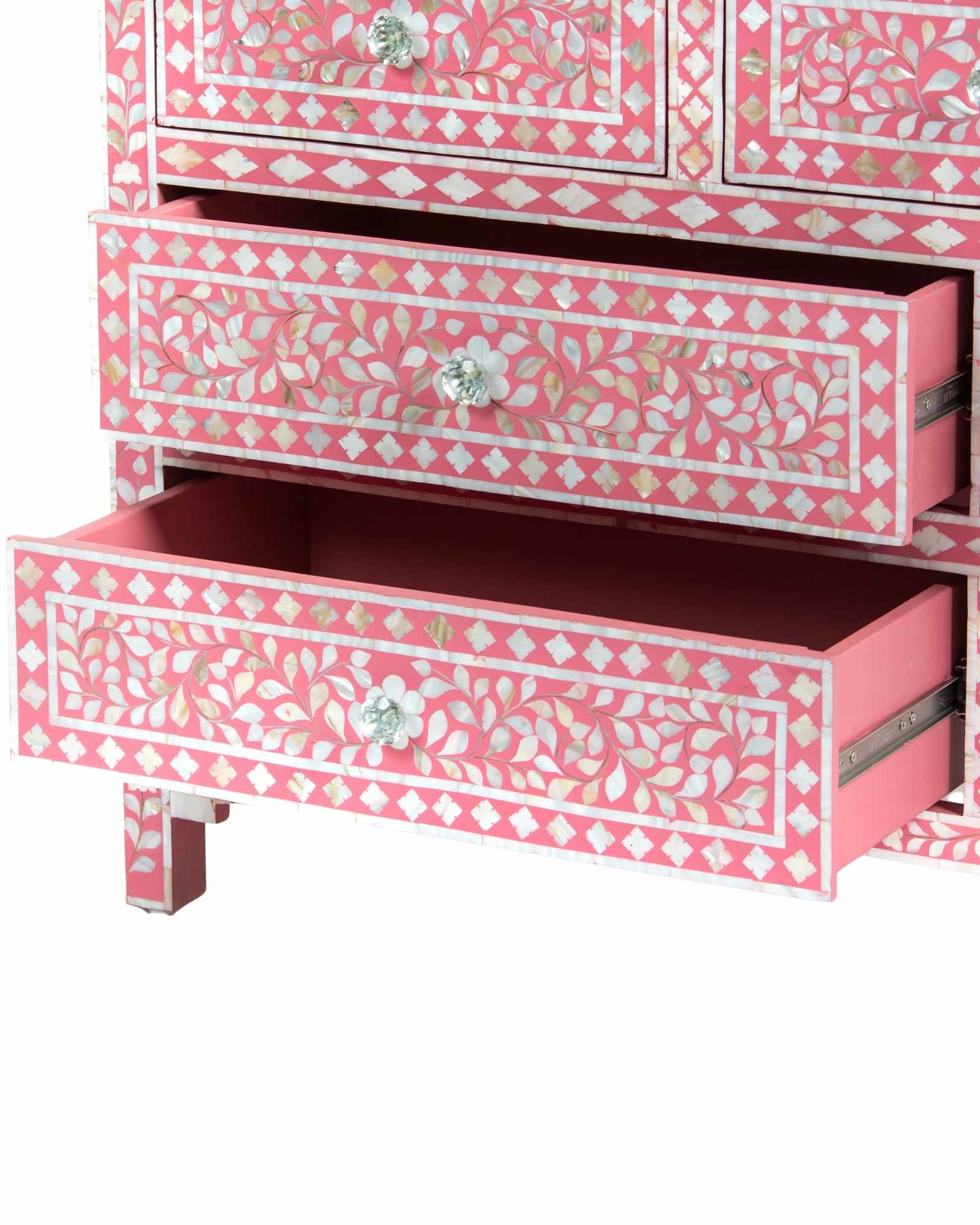 Mother of pearl inlay chest of drawers featuring intricate floral pattern in pink and white, handcrafted furniture piece