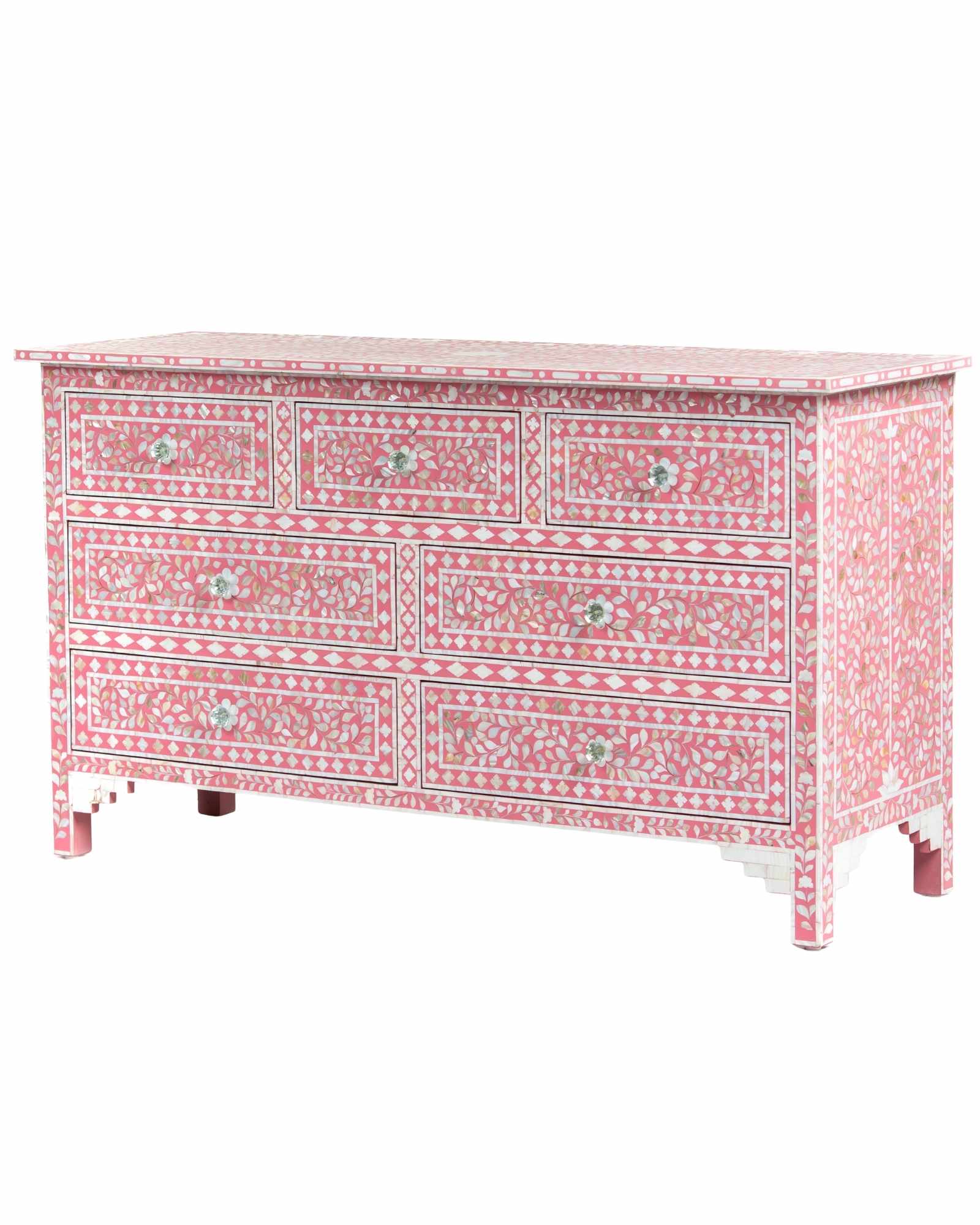 Mother of pearl inlay chest of drawers featuring intricate floral pattern in pink and white, handcrafted furniture piece