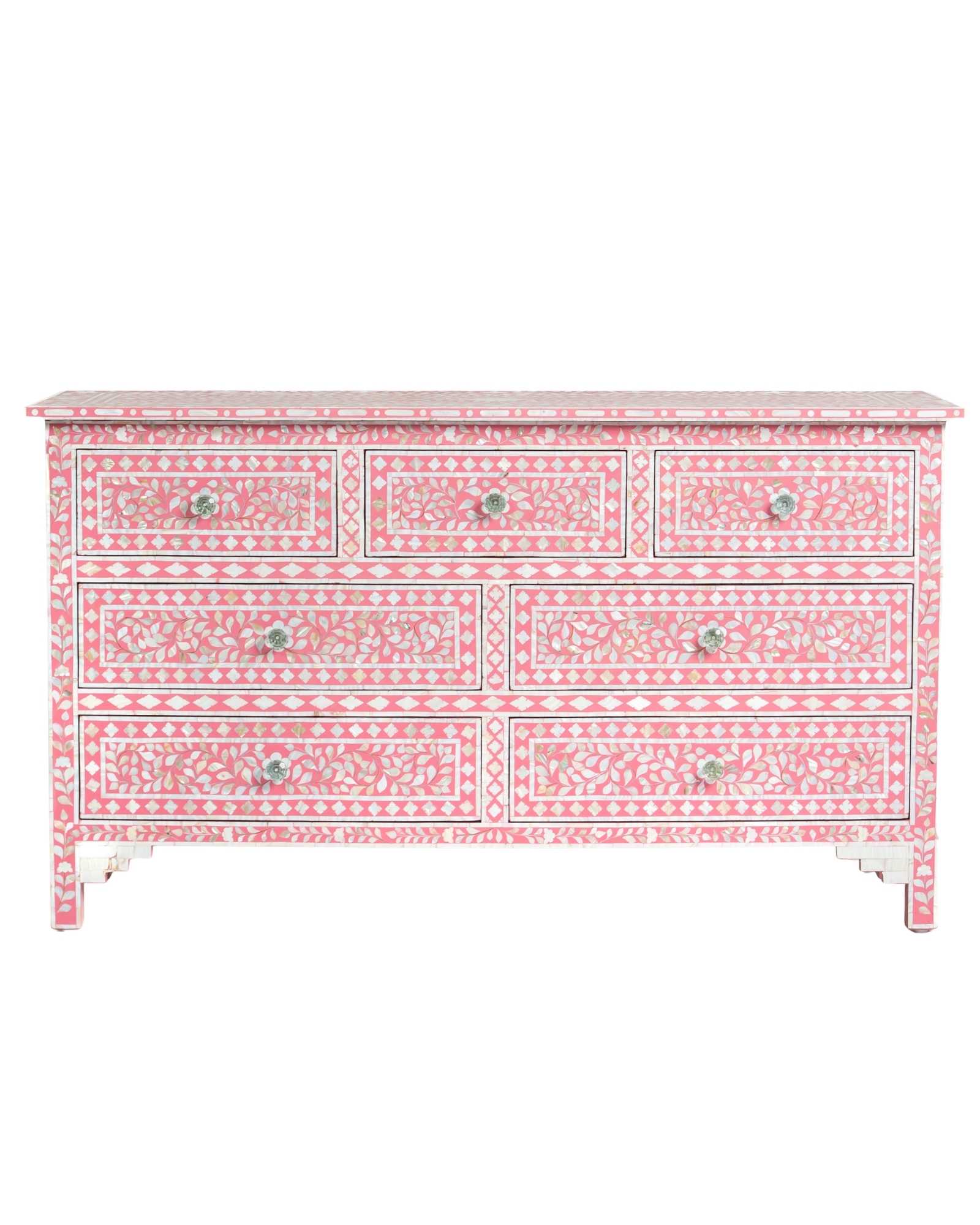 Mother of pearl inlay chest of drawers featuring intricate floral pattern in pink and white, handcrafted furniture piece