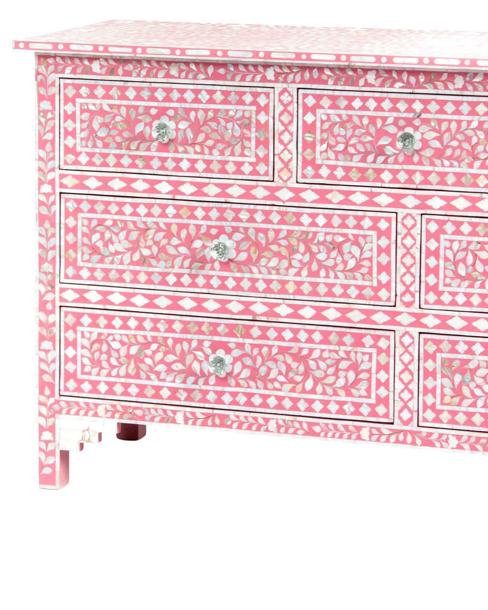 Mother of pearl inlay chest of drawers featuring intricate floral pattern in pink and white, handcrafted furniture piece