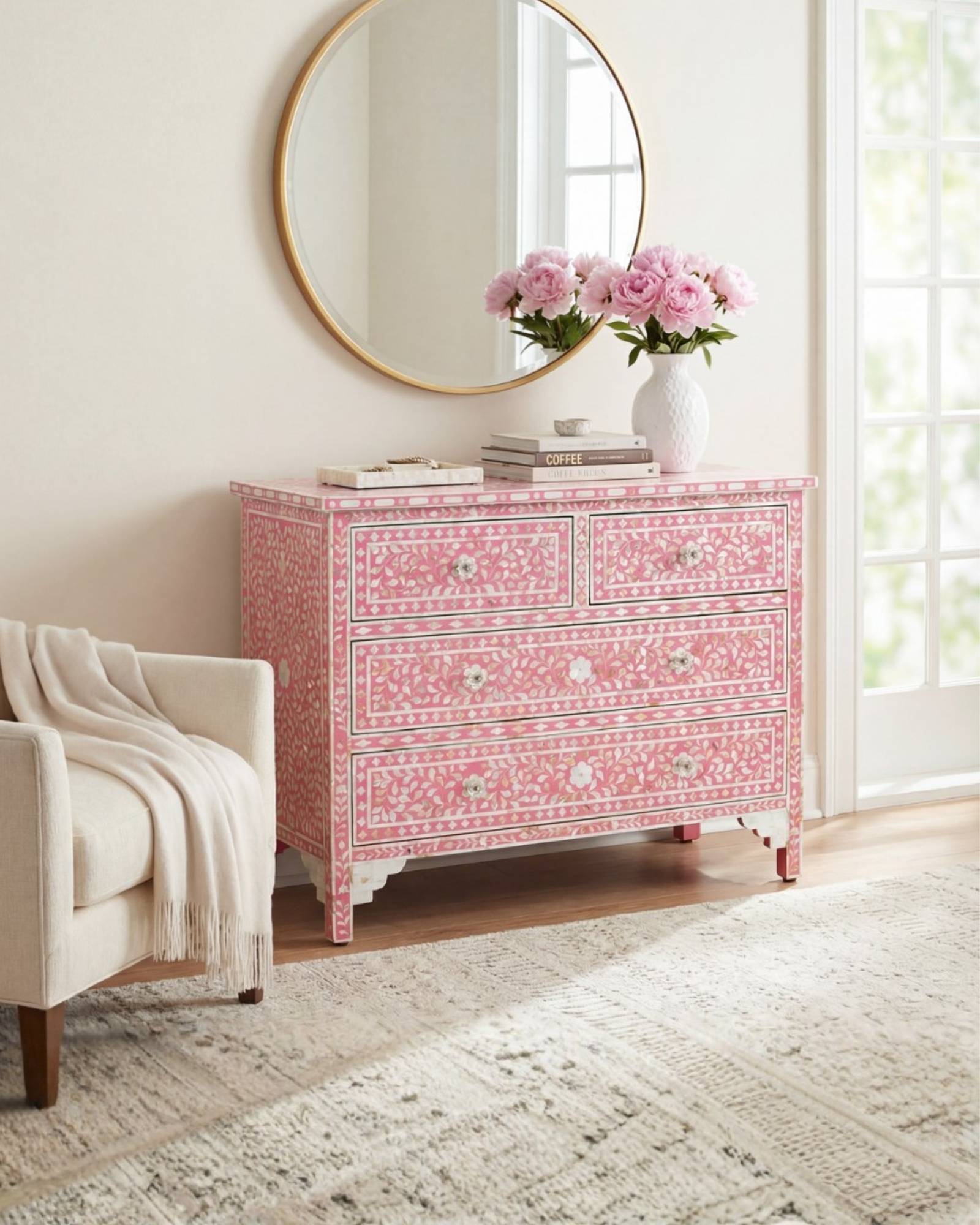 Beautifully handcrafted, pink mother of pearl chest of drawers featuring 4 drawers and crystal knobs for a soft & mesmerising interior space by Tabeer Homes.