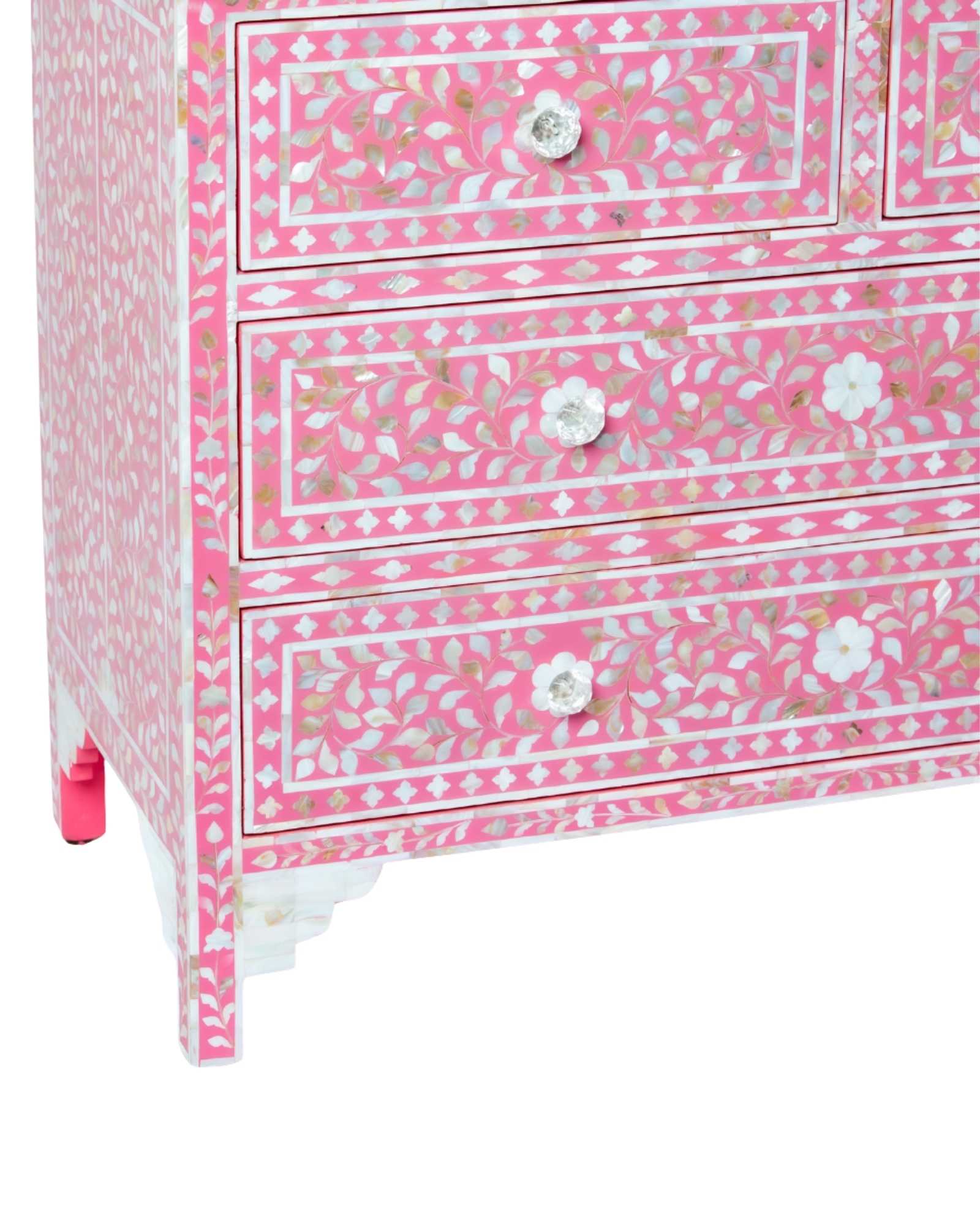 Beautifully handcrafted, pink mother of pearl chest of drawers featuring 4 drawers and crystal knobs for a soft & mesmerising interior space by Tabeer Homes.