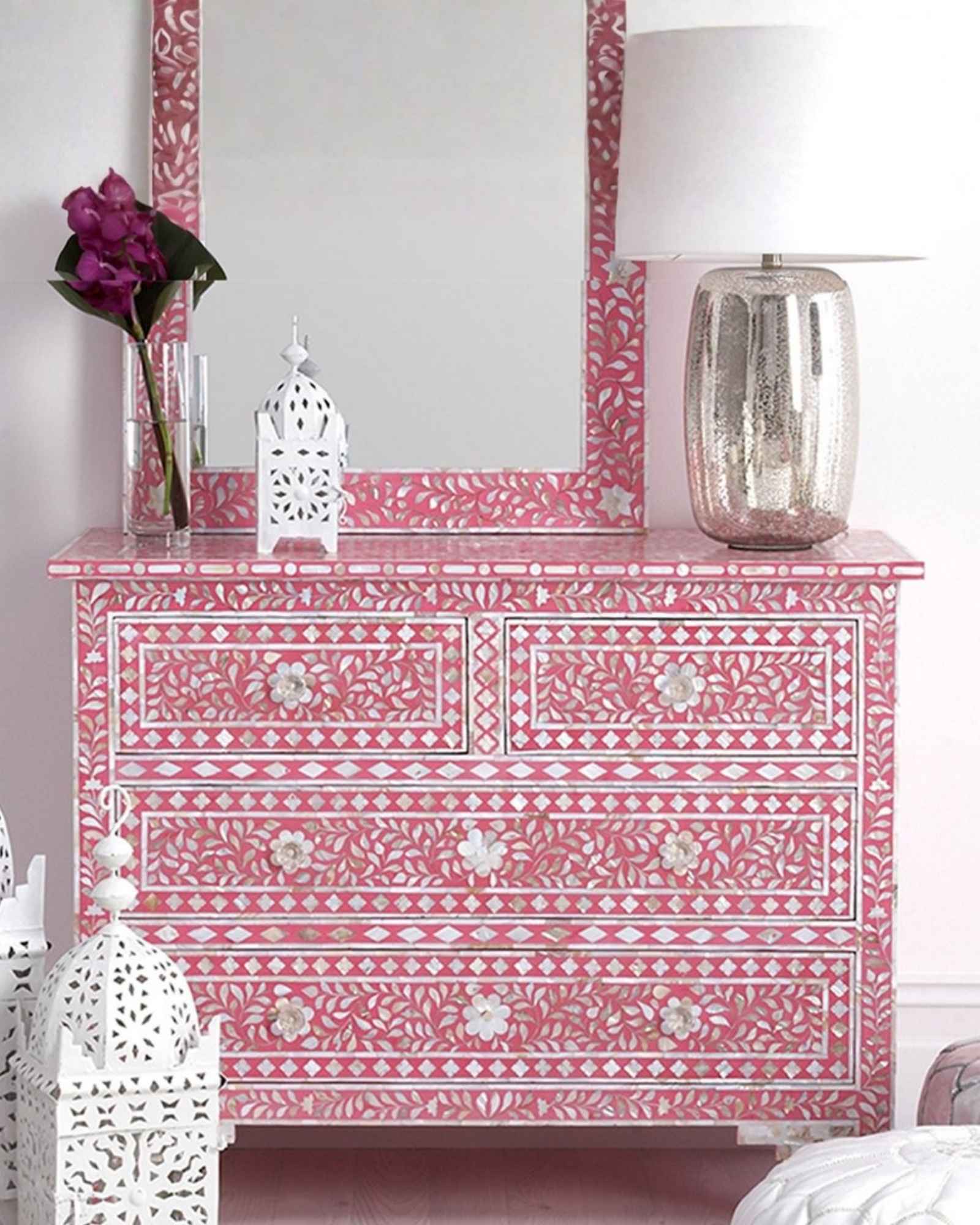 Beautifully handcrafted, pink mother of pearl chest of drawers featuring 4 drawers and crystal knobs for a soft & mesmerising interior space by Tabeer Homes.