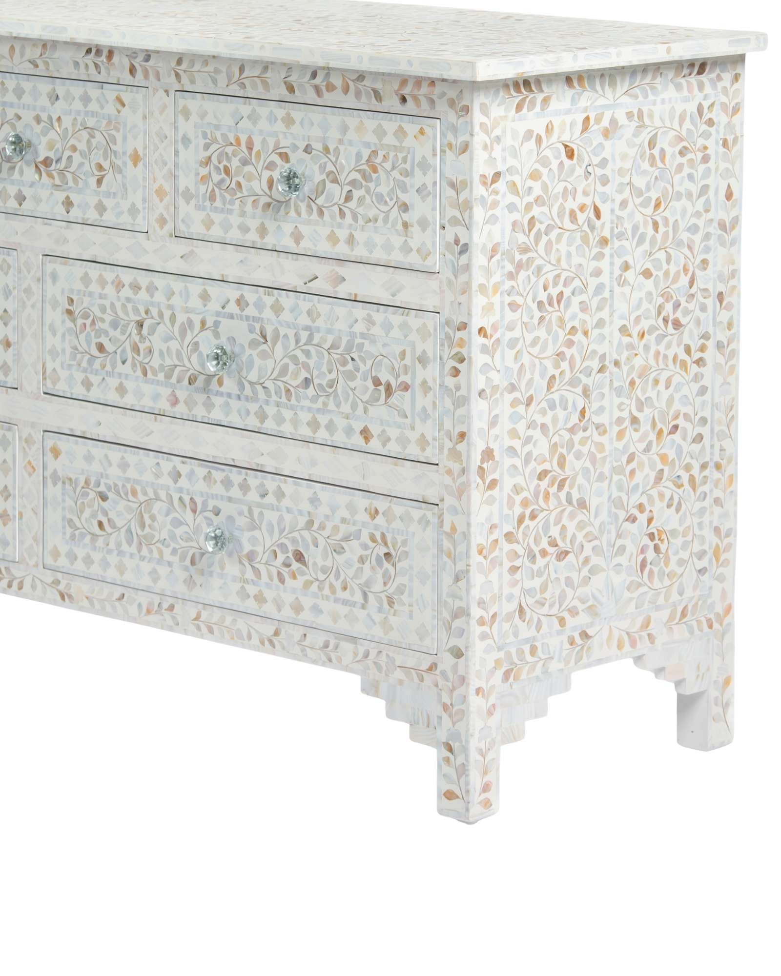 Mother of pearl inlay chest of drawers featuring intricate floral pattern in white and multitone, handcrafted furniture piece.