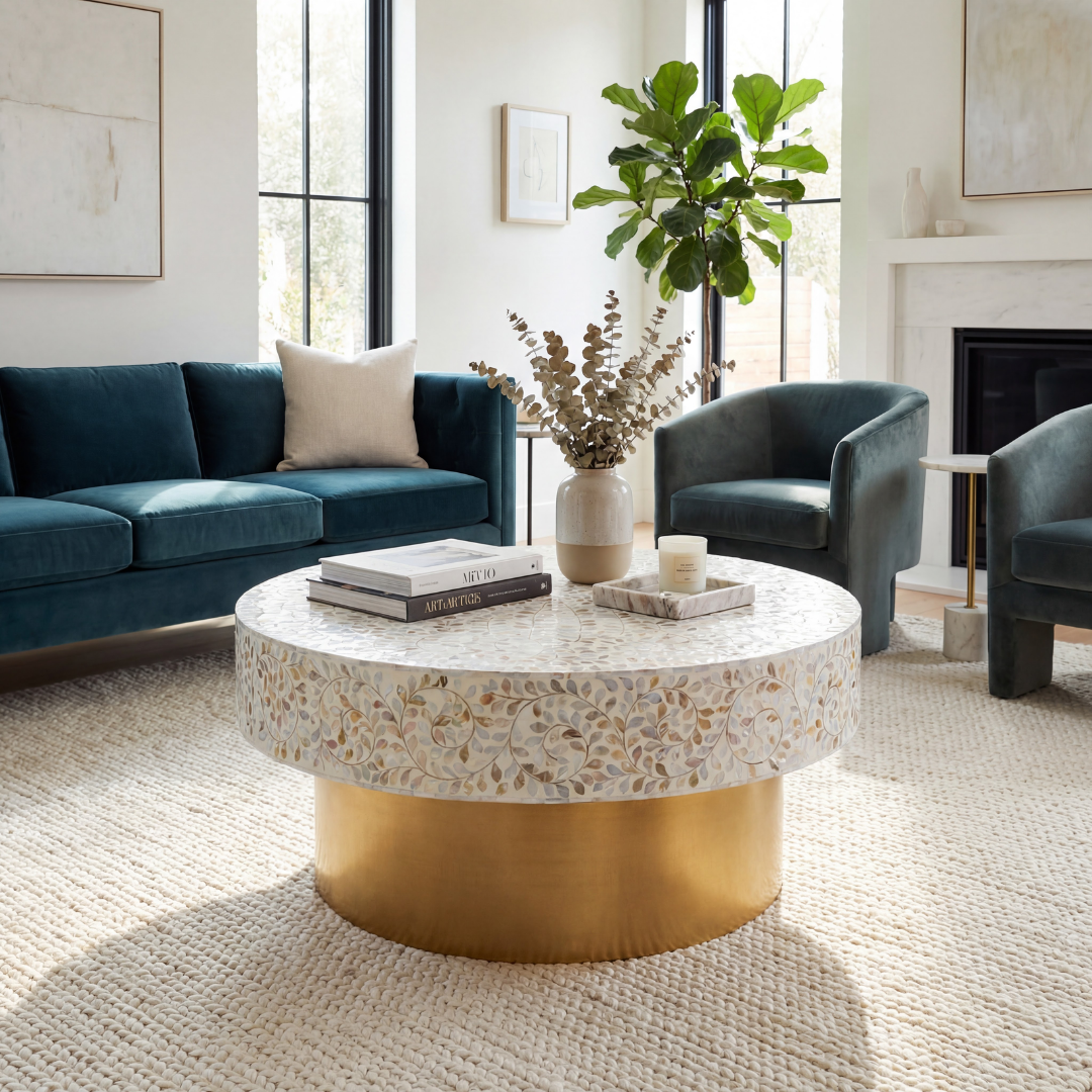White mother of pearl inlay coffee table featuring intricate floral vine design and brushed gold cylindrical base by Tabeer Homes.