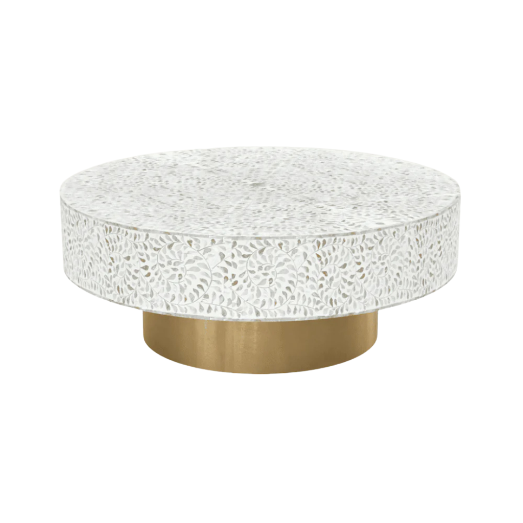 Round white mother of pearl inlay coffee table with floral design and a gold cylindrical base. Available in 3 size variants.