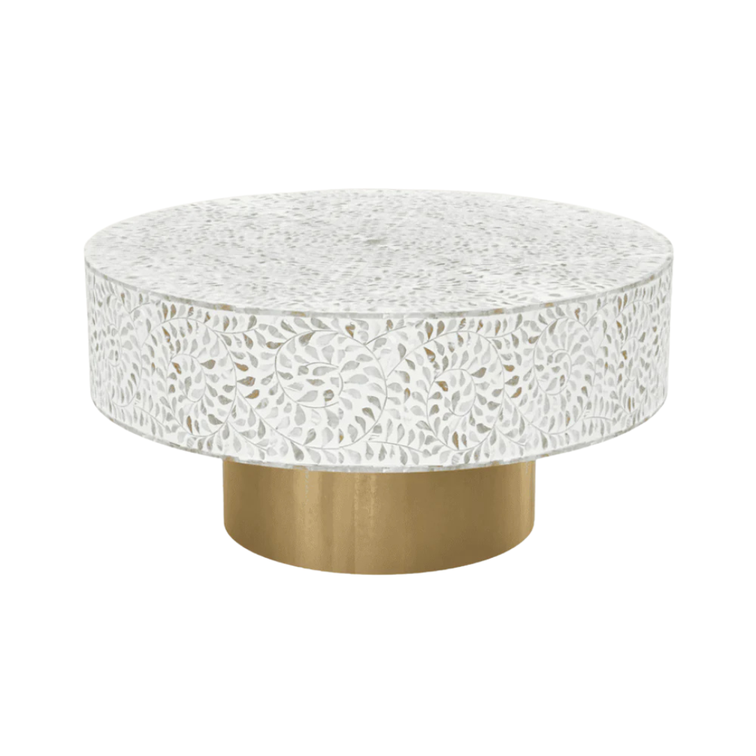 Round white mother of pearl inlay coffee table with floral design and a gold cylindrical base. Available in 3 size variants.