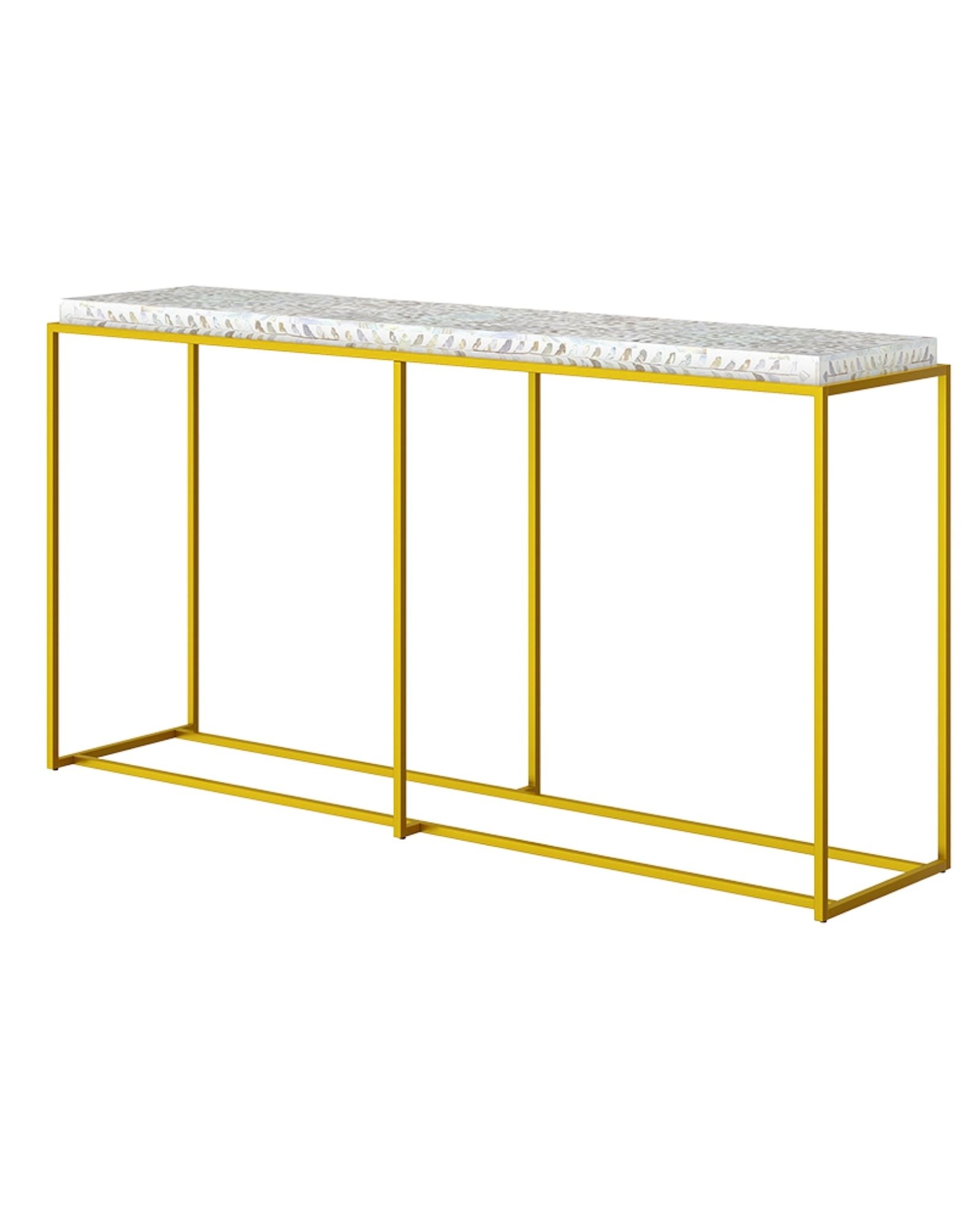 Elegant Iris Console in white mother of pearl inlay with gold base. Handcrafted design adds luxury to any entryway or living space.
