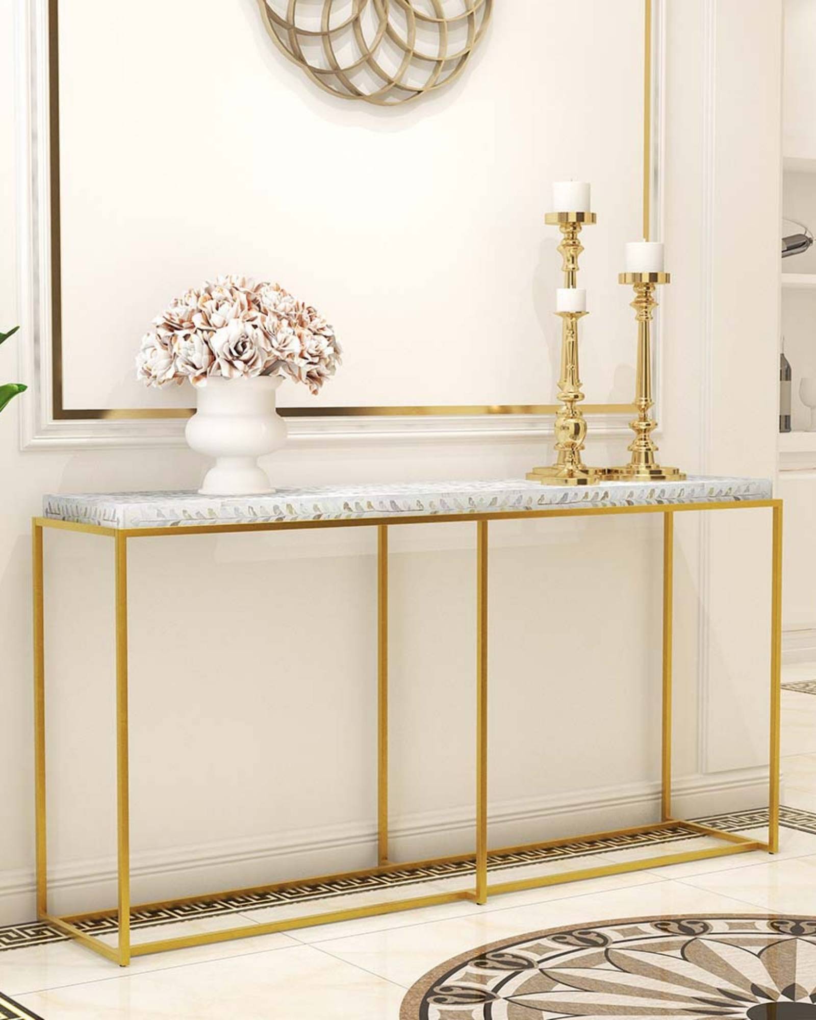 Elegant Iris Console in white mother of pearl inlay with gold base. Handcrafted design adds luxury to any entryway or living space.